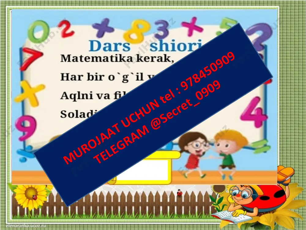 0909 murojaat uchun tel : 9 78450909 telegram @secret_0909 murojaat uchun tel : 9 78450909 telegram @secret_0909 o’tilgan mavzuni mustahkamlash murojaat uchun tel : 9 78450909 telegram @secret_0909 murojaat uchun tel : 9 78450909 telegram @secret_0909 vazifa dars so`ngida o`quvchilarning ishtirokiga ko’ra baholari e`lon qilinadi va rag’batlantiriladi. murojaat uchun tel : 9 78450909 telegram @secret_0909 dam olish daqiqasi murojaat uchun tel : 9 78450909 telegram @secret_0909 yakunlovchi xulosa biz buyuk yurt osmonida go’zal kamalak, barkamol avlod bo’lmoq eng ezgu tilak. murojaat uchun tel : 9 78450909 telegram @secret_0909 etiboringiz uchun raxmat murojaat uchun tel : 9 78450909 telegram @secret_0909