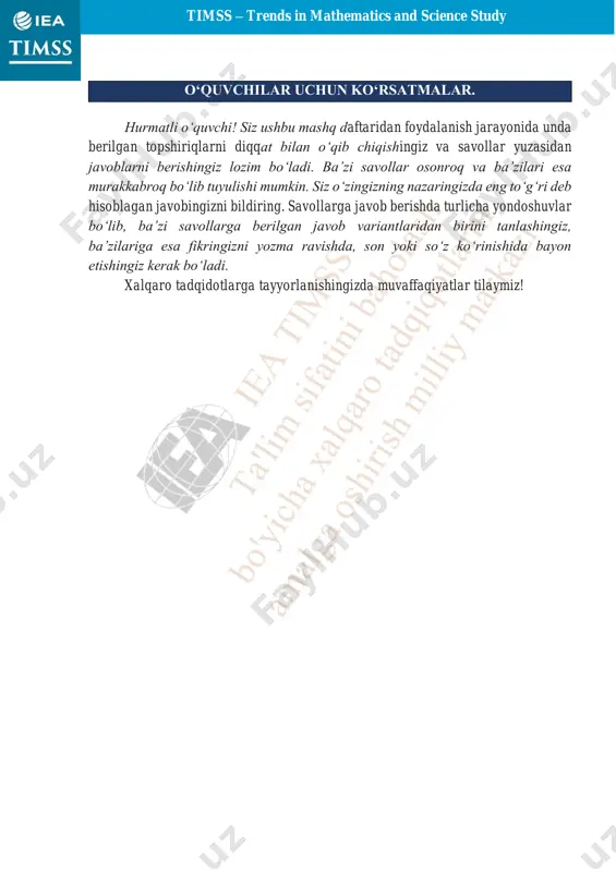 grafikda maktabning har bir sinfidagi o‘quvchilar soni ko‘rsatilgan. sinflar maktabning har bir sinf xonasi 30 nafar o‘quvchiga mo‘ljallangan. maktabda necha nafarga ko‘proq o‘quvchi bo‘lishi mumkin edi? a) 20 b) 25 c) 30 d) 35 ketma-ketliklar va bo‘g‘liqliklar mavzusiga doir misollar 10-topshiriq rasmda stikerli g‘altak o‘rami tasvirlangan. har 4 ta stiker o‘ramda takrorlanadi. o‘ramdagi 39-stiker qanday tasvirlangan a) b) c) d) o `q u v ch il ar s o n i timss – trends in mathematics and science study 4-sinflarda matematika fanidan o‘quvchilarning olgan bilimini qo‘llashga yo‘naltirilgan timss test topshiriqlari javoblari 4-sinf topshiriq № javobi 1 d 2 a. 10 b. 12 3 c 4 a.8 zed b. 3 zed 5 c 6 8 7 c 8 b 9 d 10 c