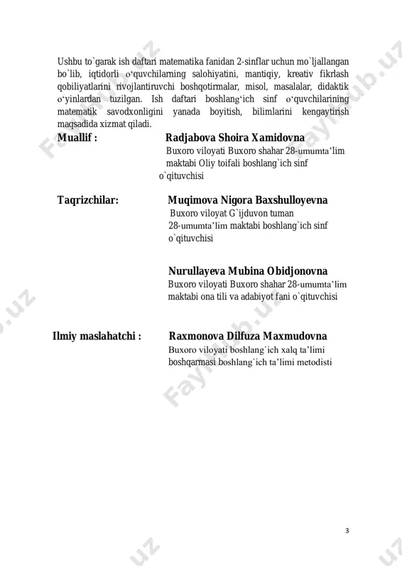 a bitta, 2 da ikkita, 3 da uchta va hokazo burchaklar mavjud bo‘lib, ularning to‘ilq ko‘rinishi quyidagicha bo‘lgan. 6 mashqlar:1-misol 1 dan 9 gacha bo‘lgan raqamlarni shunday juftlarga ajratingki, ularning yig‘indisi jufti yetishmagan raqamdan ikki karra ortiq bo‘lsin. 2-misol burchaksiz raqam 0 dan boshlab barcha raqamlarni juftlab chiqingki, natijada ulardagi burchaklarning yig‘indisi barchasida barobar bo‘lsin. misol 4 dan 9 gacha bo‘lgan 6 ta sonni bo‘sh doirachalar ichiga shunday joylashtiringki, har bir qator yig‘indisi 17 taga teng bo‘lsin. 7 masala qushlar galasi uchib ketmoqda.oldinda 1 ta qush, uning orqasida 2 ta qush.orqada 1 ta qush, uning oldida 2 ta qush. o‘rtada 1 ta qush, uning oldida 1 ta qush, orqasida 1 ta qush. qushlar galasida nechta qush bor? javob: ?ta didaktik o‘yin ,, alifboli misollar” noma’lum sonlarni topib ,ranglar bilan alifbo tartibida o‘qisang yashirin so‘zni topasan. 8 vazifa 1 dan 9 gacha sonlarni kvadrat kataklariga shunday joylashtiringki, kvadratning har bir qatori …