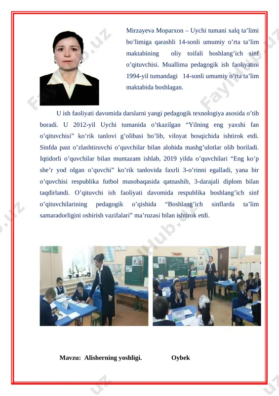i namunalarini namoyish etadilar; har bir guruh o’z tashabbuslariga (guruhlariga) ta’rif beradilar, ya’ni 5 ta muhim tashabbusni aytadilar. ma’naviyat daqiqasini “raqamlar tilsimi’’o’yini bilan yakunlaymiz. ( 8 ) ( 1 ) ( 9 ) ( 21 ) ( 14 ) masalan: 1-sentabr mustaqillik kuni 1-oktabr o’qituvchi va murabbiylar kuni 1-dekabr oitsga qarshi kurash kuni 1-yanvar yangi yil bayrami 1-mart zulfiyaxonim tavvallud topgan kun 1-iyun bolalarni himoya qilish kuni o’quvchilar vatan haqida o’zbekcha, ruscha, inglizcha she’rlar aytishadi. o’tilgan mavzuni so’rab baholash. “pahlavon va shoir “ ertagi mazmuni o’quvchilardan savol javob asosida so’raladi. savol : 1. pahlavon mahmud qayerga sayohat qildi? 2. u nima uchun sultonning taklifini rad etdi? 3. pahlavon mahmudning kurashda yosh bahodirdan yengilish sababini ayting. 4. pahlavon mahmud qanday qilib sultonning taxtiravoni o’rnatilgan filni botqoqdan qutqarib qoldi? 5. pahlavon mahmud sultondan nimani so’radi? testlar: 1. filni halokatdan qutqarib qolgan pahlavon kim? a . murod b. ibrohim d. sulton e. mahmud …
