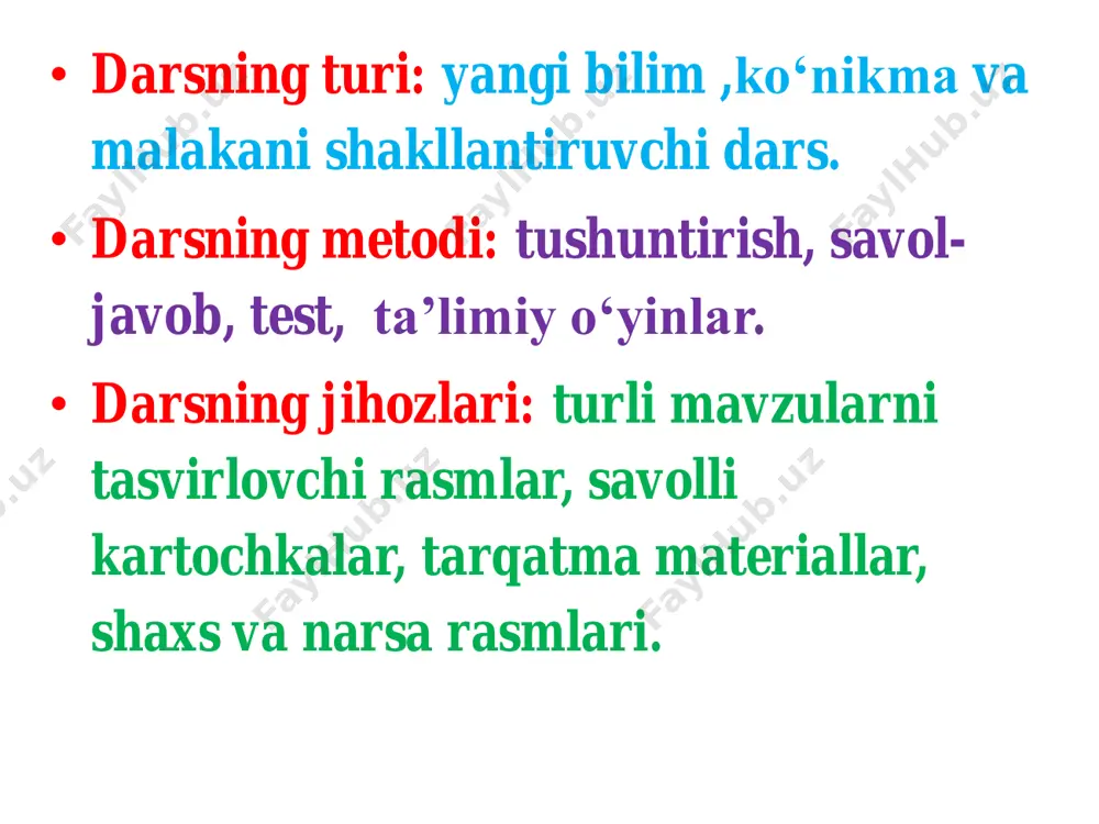 ng javobidagi so‘zini ayting. (anor.) anorning donachalari qanday ekan? (mayda, qizil ekan.) uning mazasi-chi? (shirin, nordon.) po‘sti qanday ekan? (qalin, taxir ekan.) qanday? qanaqa? so‘rog‘iga javob bo‘lgan so‘zlar nimani bildiryapti? (narsaning belgisini.) narsaning belgisi deganda nimani tushunasiz? (narsaning belgisi deganda, ot so‘z turkumiga oid so‘zning rangini, mazasini, shaklini va xususiyatini tushunamiz) xulosa aytiladi va darslikdan qoida o‘quvchilarga o‘qitiladi. 2-topshiriq (trenajyormashq) • ekranda ketma-ket gaplar beriladi. o‘quvchilar sifatlarni aniqlab, ularni o‘zlari bog‘langan ot bilan birgalikda belgilaydilar.to‘g‘ri belgilasalar gap ostiga shu so‘zlar tushadi va gap tarkibida ham turadi. multimediyadan foydalanish (o‘qituvchi uchun qo‘shimcha ma’lumot. o‘qituvchi avvaldan bir o‘quvchiga ushbu she’rni bergan bo‘lishi va uni ifodali aytib berishi mumkin. so‘z turkumlari ichida, eng go‘zaliman o‘zim. qanday? deya so‘rasang, yaxshi- deb tayyor o‘zim. maza-ta’mni bildirgum. shirin olma, shirin so‘z shakling aytib o‘taman. ey dumaloq qisiq ko‘z, xususiyat bildirsam. yomonni qoralayman, a’lo o‘qi do‘stginam. bilimdonni qutlayman, a’lochiga “besh ” baho qizil tusda yaltirar. men rassom, …
