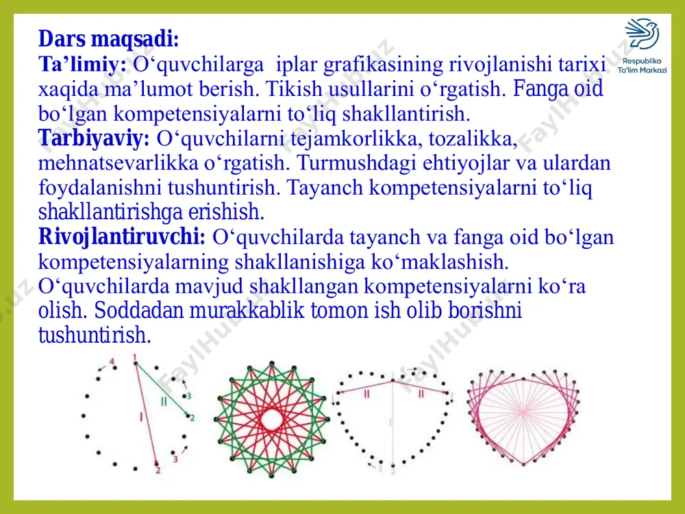ahkamlash. . savollar va topshiriqlar: 1.izonit texnikasi bilan yaratilgan tasvirlar qaysi san’at turiga kiradi.? a)amaliy-dekorativ b)karvin san’ati d)amaliy san’at 2.izonit usuli nechanchi asrda yaratilgan.? a)15-asrda b)16-asrda d)17-asrda 3.izonit tikish texnikasining qanday usullarni bilasiz.? a)burchak to‘ldirish b)doira ichini to‘ldirish d)a va b javoblar to‘g‘ri 4.izonit tikish uchun asosan qanday turdagi materiallardan foydalaniladi.? a)karton b)karton qog‘oz, disk,yog‘och d)disk “kim epchilu-kim chaqqon ” o‘yini. savol: izonit tikishda foydalaniladigan materiallar va asbob uskuna nomlari bilan to‘ldiring uyga vazifa: kartonga doira ichini to‘ldirishni texnikasi o‘rganib kelish.