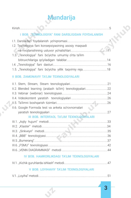 ......................................................................97 ii chorak. amaliy ish...........................................................................................98 ii chorak. nazorat testi.......................................................................................99 iii chorak. amaliy ish........................................................................................100 iii chorak. nazorat testi....................................................................................101 iv chorak. amaliy ish........................................................................................102 iv chorak. nazorat testi.....................................................................................103 darsdan tashqari mashg‘ulotlar o‘tish bo‘yicha metodik tavsiyalar boshlang‘ich sinfda texnologiya darslarida kuzatuvlar va tajribalar ....................................................................................104 boshlang‘ich sinfda qog‘oz bilan ishlash.....................................................105 boshlang‘ich sinfda mato bilan ishlash.......................................................106 boshlang‘ich sinfda origami...........................................................................107 kasb tanlashda nimalarga e’tibor qaratish kerak?.......................................108 zamonaviy kasblar sari...................................................................................110 „texnologiya“ fanidan to‘garaklarni tashkil etish..........................................115 „ijodkor bolalar ustaxonasi“ni tashkil etish...................................................120 texnologiya faniga doir atamalar izohi...........................................................124 foydalanilgan adabiyotlar ro‘yxati va internet-resurslar...........................126 5 kirish aziz uztozlar! mazkur qo‘llanma 4-sinflarda „texnologiya“ darsligi asosida faoliyat ko‘rsatuvchi o‘qituvchilar uchun metodik yordam