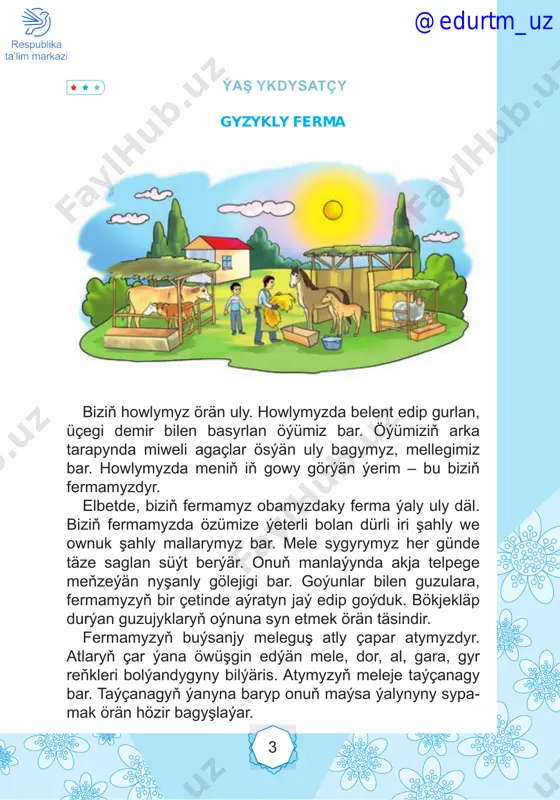, üýrüp-topulyp durmaýar. ?! soraglar we ýumuşlar: 1. alabaý itleri barada öň näme bilýärdiňiz? 2. bu itleriň daşky görnüşi nähili bolýar? 3. siz uly ýaşdaky alabaý itini göterip bilersiňizmi? 4. alabaý itleriniň häsiýetleri hakynda tekstde näme aýdylan? 5. siziň öýüňizde itiňiz barmy? ol barada aýdyp beriň. 6. itlere dakylýan türkmen lakamlaryny ýadyňyza salyň we depderiňize ýazyň. 7. alabaýdan başga nähili itleriň tohumlaryny bilýärsiňiz? 8. testlere jogap beriň. – itlere haýsy iýmiti berip bolmaýar? a) süňk b) kömelek ç) et – it guwananda guýrugyny nähili edip durýar? a) ýokary galdyrýar b) guýrugyny bulaýlaýar ç) aşak düşürýär – it nähili sesleri çykaryp bilýär? a) üýrmek, arlamak, wowwuldamak b) molamak, sygyrmak, üýrmek ç) mawlamak, gygyrmak, arlamak @edurtm_uz 7 gönükmeler işlemek g gönükme 4. tekstdäki size nätanyş bolan sözleri depderiňize göçüriň we olar näme aňladýandygyny düşündiriň. g gönükme 5. aşakda berlen sözleri bogunlara bölüp depderiňize göçüriň. alabaý, çydamly, kuwwatly, mallar, jandar, gaýduwsyz, kö- pekler, …