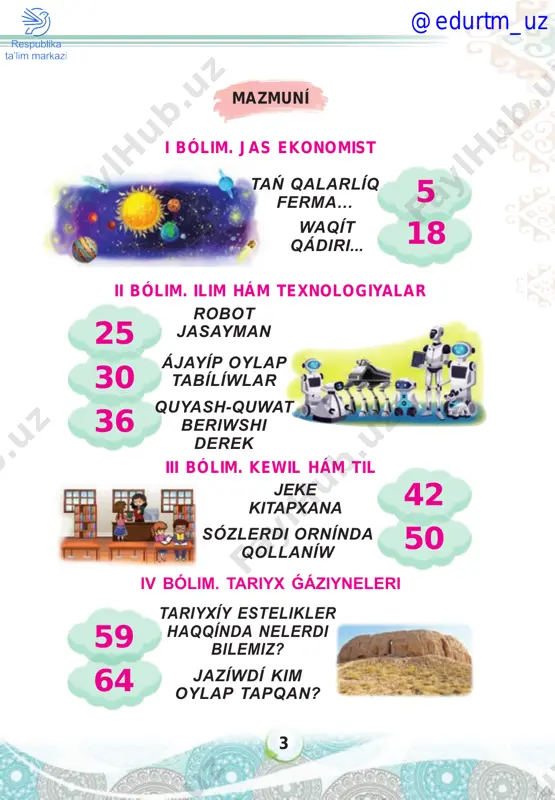 ǵala qoymadı. – apa‚ hár kúni qoylardı qoraǵa qamaw meni zeriktirdi. qoylar hárkimniń qorasına qashıp búldiredi, – dedi. anası basın shayqap: – qıstıń kúni kiyiw ushın ayaǵıńa shulıq toqıp beriwdi soraǵan kim edi? – men‚ – dedi qálimbet. – men saǵan jún kόylekti otken jılı qanday júnnen toqıp bergen edim? – qoydıń júninen. – men saǵan kelte tondı qanday teriden tigip bergen edim? – qoy terisinen‚ – dedi qálimbet. – kiyiz baypaqtı aǵań qanday júnnen islep bergen edi? qálimbet uyalıp, dım úndemesten qoylardı qoy qorasına ayday basladı. 1-tapsırma. sorawlarǵa juwap beriń. 1. anası ne dedi? 3. qálimbet ne ushın uyaldı? 2-tapsırma. berilgen tekstten paydalanıp, qoy júninen toqılatuǵın zatlardıń atların aytıp beriń. @edurtm_uz 9 er júrek adam gúz kúnleriniń biri edi. kesh bolǵanda qoy hám sıyırlar qoradan tım-tıraqay qasha basladı. – ne bolıp qaldı? ol jerde ne bar? – dep qıshqırdı ferma baslıǵı muratbay. juwap esitilmedi. qoy hám sıyırlardıń qasında heshkım …