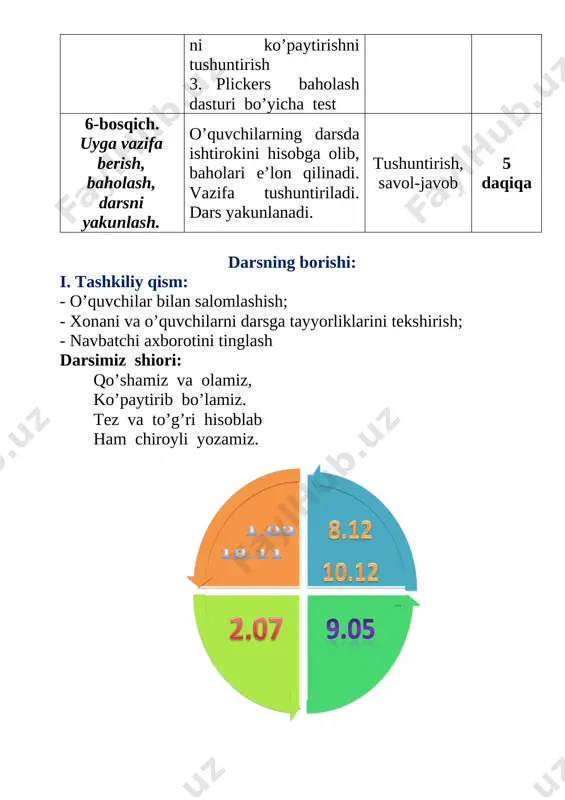shirilib, o’tilgan mavzu bo’yicha savol-javob o’tkaziladi. 1-guruh: 3x8 6x4 4x6 2x8 8x2 4x4 6x6[image: ] 9x4[image: ] 4x9[image: ] havo sharlaridagi misollarning javobi bir xil chiqishi kerak. havo sharlaridagi toshiriqlarni bajarib “oltin kalit”ga ega bo’lishingiz mumkin. “bilimdonlar qasriga” kirish uchun yanada ko’proq bilishimiz kerak. 21:3 14:2 42:6 2-guruh: “piramida” usulida topshiriqlarni bajaradiladi. berilgan sonlarni 9 ga bo’lib chiqqan sonlarni tezkorlik bilan aytiladi. “bilimdonlar qasri” ko’rgazmasiga quyidagi topshiriqlar yoziladi 1. 40 2. yassi 3. 9 4. fazoviy 5. 8 1. 4x x=32 2. 54:x=6 3. kvadrat qanday shakl? 4. shar qanday shakl? 5. 36+16:4 3-guruh: “uzum” usulida topshiriq bajarish. bunda uzum donachalaridagi sonning ko’paytuvchilarini topish kerak. “bilimdonlar qasri” ko’rgazmasiga quyidagi topshiriqlar yoziladi: iv. yangi mavzu bayoni: mavzu: bir xonali sonlarni ko’paytirish jadvali [image: ] “vikipediya” usulida shartli belgilar yordamida, ya’ni namunaga qarab fikrimizni aytamiz. ko’paytirish a+a+a + (x) bir xil qo’shiluvchilarni qo’shish ko’paytirish deyiladi. ko’paytirish jadvalidan foydalanishda vertikal sonlarni gorizontal holdagi …