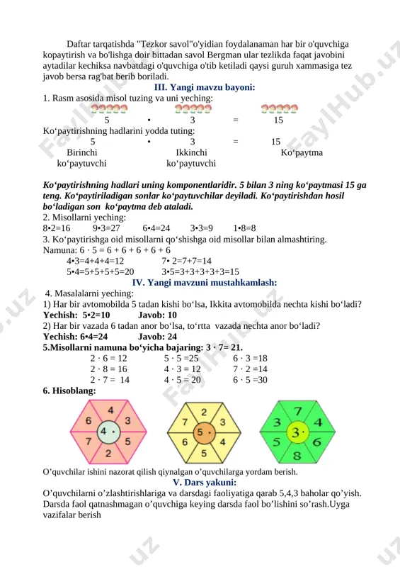 zing va hisoblang. yechish: 8•2=16 9•3=27 5•4=20 8. misollarni ustun qilib yozing, natijani hisoblang: 72 + 21=93 56 – 25=31 43 + 27=70 49 – 27=22 68 – 30=38 58 + 21=79 96 – 36=60 35 + 14=49 bog’lanish uchun @ustozlar_uchun +99890 3000221 image5.png image6.png image7.png image1.png image2.png image3.png image4.png