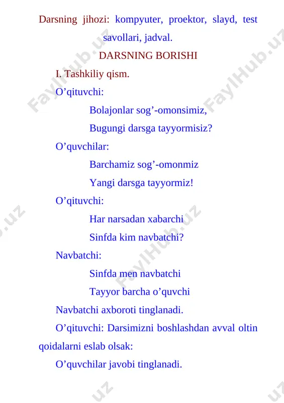 qoldi- ? kg shaftoli har bir guruhdan o’quvchi taklif etiladi, ular masalani yechadilar. to’g’ri va tez bajargan o’quvchi aniqlanadi. «futbol» o’yini o’tkaziladi. [image: image3] 6 ta futbol to’pi orqasiga bo’lish va ko’paytirishga oid misol va masalalar yozilgan bo’ladi. har bir guruhga 2 tadan o’quvchi savollarga javob beradilar. agar savol ko’paytirishga oid bo’lsa, ko’paytirish darvozasiga, bo’lishga oid bo’lsa, bo’lish darvozasiga to’pni kiritib qo’ydilar. slayd orqali test savollari ko’rsatiladi. test 1. karimda 4 ta pufak, salimda esa 5 marta ko’p pufak bor. salimda nechta pufak bor? a) 9 ta b) 20 ta d) 1 ta 2. qo’yning og’irligi 20 kg, qo’zichoq esa 4 marta yengil. qo’zichoq necha kg? a) 5 kg b) 24 kg d) 16 kg 3. 5 ta xaltada 15 kg olma bor. 1 ta xaltada necha kg olma bor? a) 20 kg b) 3 kg d) 16 kg 4. [image: image4.wmf]3 4 : = õ noma`lum bo’linuvchini toping. a) …