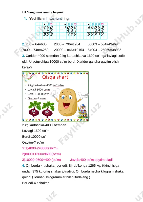 46•23 848-529 misol ishlash tartibi o‘qituvchining ogohlantirishi bilan boshlanadi. oldinga qarab turgan o‘quvchiga uzatiladi. misollarning yeshilishi tekshirilib g‘olib qator aniqlanadi. v. darsga yakun yasash. test asosida o‘quvchilarning bilimi tekshirib olinadi. 1.to‘qson uch ming yigirma soni raqamlar bilan quyidagicha yoziladi: 1)93 200; 2) 903 200; 3) 93 020, 4) 93002 2. agar 29 450 soni 4 ta yuzlikka kamaytirilsa, quyidagi son hosil bo‘ladi. 1)29 050; 2) 9 450; 3) 2 950; 4)29 850. 3. 53 017 sonida ikkinchi xonaning nechta birligi bor? 1)17 ta; 2) 1 ta; 3) 53 ta; 4)5 ta. 4. agar 65030 soni 4 ta o‘nlikka orttirilsa, quyidagi son hosil bo‘ladi. 1) 69 030; 2) 65700; 3) 65430; 4) 65 070. 5. 1 000 va 795 sonlarining yig‘indisini hosil qilish uchun 1 528 sonini nechtaga orttirish kerak? 1) 267 taga; 2) 95 taga; 3) 200 taga; 4)20 taga. darsni yakunlashda bugungi darsda nimalarni o‘rganganlari qayta esga olinib, dars …
