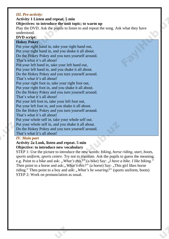 he girl and start saying:„she’s a ...‟ (pupils – jumper). continue with the rest of the words. step 3: the pupils clap hands to work on syllables. step 4: 50/50 drilling: half the class say: for example, „biking‟, the other half say: „biker‟. step 5: pair work. a: running b: runner [image: ] activity 2c play “look and guess”. 5 min objectives: to recyclethe new words; to revise the words learnt in classes 1-3; to revise the present continuous it’s a usual miming game. step 1: revise the words: biking, running, jumping, swimming, riding a horse, riding a bike, riding a motorbike, playing football, playing volleyball, playing handball, playing basketball, playing tennis. pupil 1 goes to the board and mimes. the class guess: „are you running? are you riding a horse? are you riding a bike?‟ ask the pupils to use the words in the word cloud. step 2: the …