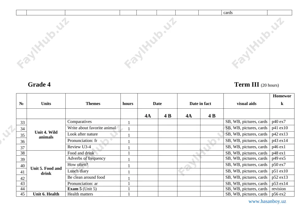 p78 ex12 65 pronunciation: nd 1 sb, wb, pictures, cards p79 ex13 66 review u7-8 1 sb, wb, pictures, cards p82 ex3 67 review q3-4 1 sb, wb, pictures, cards revision 68 exam 8 (unit 4-8) 1 sb, wb, pictures, cards revision ushbu ish rejaning kundalik varianti, konspekti, nazorat ishlari, darslik audiolari va qo’shimcha materiallarni to’liq holda olish uchun telegramdan @hasanboy_uz yoki +99891 1800985 telegram raqamiga bog’laning. web-sayt: www.hasanboy.uz telegram kanal @uzteachers www.hasanboy.uz