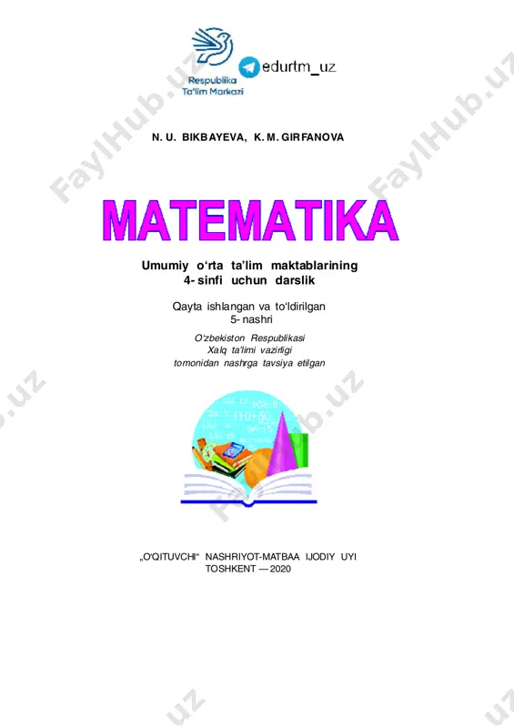 a minglik 6 ta yuzlik va 8 ta o‘nlikka teng bo‘lgan kitob kel- tirildi. nechta kitob keltirilgan? 6 2. har bir tengsizlik uchun a ning shunday qiy- matlarini topingki, natijada tengsizliklar to‘g‘ri bo‘lsin: 200 – a > 198 a · 9 9 3. quyidagi sonlar yordamida to‘g‘ri tengsizliklar tuzing: a) 480, 60, 360, 80, 420, 6, 70; b) 9, 7, 56, 8, 63, 4, 36. 4. quyidagi rasmda tasvirlangan nuqta, kesma va shakllarning nomlarini ayting: ñ ab ed o k mc a b d bo‘linma bo‘linuvchi bo‘luvchi 6 7 420 630 80 9 ko‘paytuvchi ko‘paytuvchi ko‘paytma 8 7 160 9 450 210 5. jadvallarni to‘ldiring: 6. harflarning qanday qiymatlarida tengsizliklar to‘g‘ri bo‘ladi? 7 · y > 35 208 – x 6 73 7 8 4 368 9 117 > 117 3. do‘konda birinchi kun 12 yashik, ikkinchi kun xuddi shunday 9 yashik pecheniy sotildi. agar hamma sotilgan pecheniylar 210 kg …