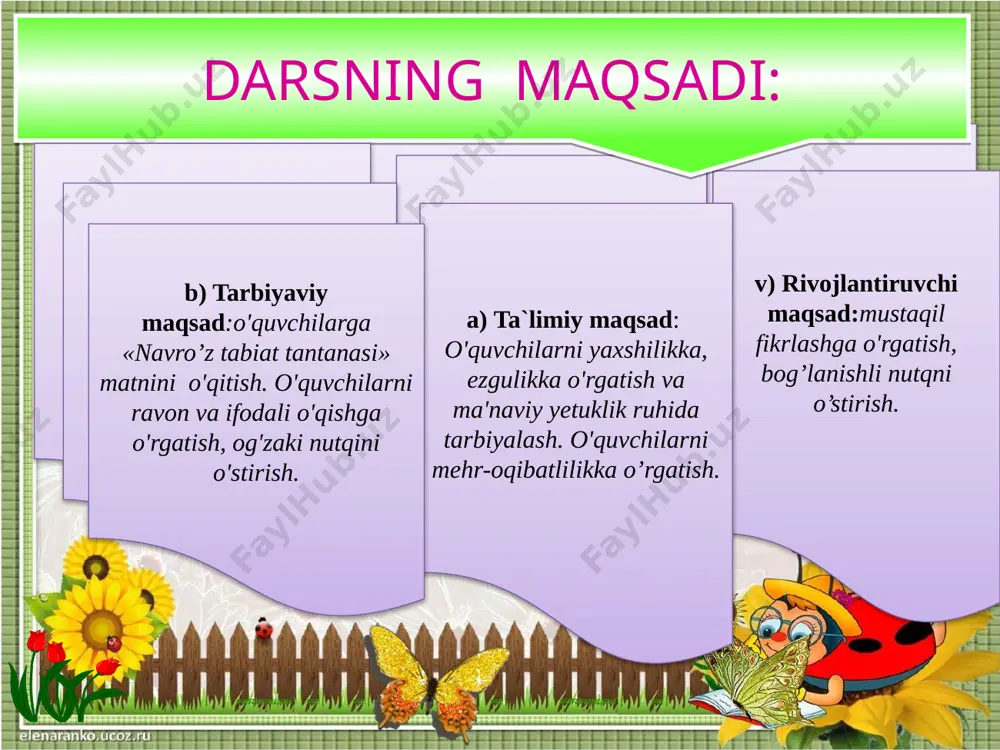 s.) 14 3 9 7 4 10 1 6 8 5 2 va lo bi bo la 0 gul lan la na 3-guruh boshqotirmasi: (javob: ona bilan bola, gul bilan lola.) 5 2 7 1 4 6 3 du tin ol ol ma o ol 4-guruh boshqotirmasi: (javob: oltin olma, duo ol.) 15 taqdimot. har guruhdan bir o'quvchi chiqib, boshqotirma javobini aytadi va javobni topish usulini tushuntirib beradi. o'qituvchi o'quvchilarga o'tgan darsda o'tilgan mavzuni o'qitib, mazmunini qayta hikoya qildiradi, uyga berilgan topshiriq so'raladi. o'quvchilarga qo'shimcha savollar beriladi. onam she’rini mustahkamlash. 1.onaga ta’rif bering! 2.men onamga yordamchi. 3.nima qilsam oyim hursand bo’ladilar? 16 bahorda tabiat o’zgarishlari haqida “daraxt gullaganda” didaktik o’yini o’ynaladi. bu o’yinda o’quvchilarga gullar, barglarda yozilgan trqatmali savollar tarqatiladi. o’quvchilar savollarga og’zaki javob berib tarqatmalarni daraxt shoxlariga yopishtiradilar. hamma savollarga javob bergach daraxtimiz gullaydi. 17 18 iii.yangi mavzu bayoni. 21-mart bahoriy tengkunlik, tun va kun tenglashgan palla. ajdodlarimiz bu …