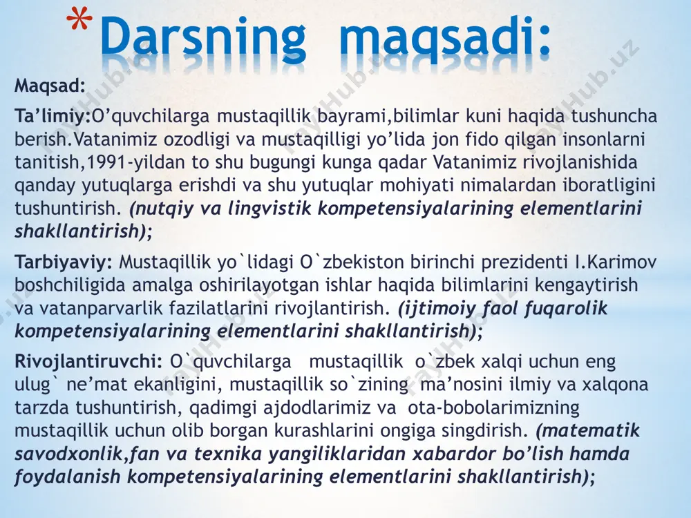 n yo‘llaru ko‘priklar, serfayz bog‘ va hiyobonlar, namunaviy turar-joylar, zamonaviy mahallalar kishi dilini quvnatib, qalbida g‘urur va iftixor tuyg‘ularini kuchaytiradi. o’zbekiston respublikasi birinchi prezidenti i.a.karimov bundan tashqari ta’lim sohasida ham juda ko’plab islohotlar olib borilmoqda.eng zamonaviy va eng so’ngi jahon talablariga javob beradigan maktablar,oliy ta’lim dargohlari qurilmoqda demak ona o`zbekistonimiz juda boy tarixga ega ekan. hozirgidek farovon hayotga, mustaqillikka erishish uchun ota –bobolarimiz jonlarini fido qilganlar. ana shunday buyuk zotlardan biri sohibqiron amir temurdir, jaloliddin manguberdi, abulg`ozi bahodirhon singari buyuk bobolarimizning hayoti biz uchun ibratlidir. mirzo ulug`bek, alisher navoiy, zahiriddin muhammad bobur, ibn sino, imom at-termiziy, al- buxoriy, al xorazmiy, abu rayhon beruniy kabi buyuk insonlar fan va madaniyatimiz rivojiga katta hissa qo`shganlar. ”o‘zbekiston daraxti”metodi. “baliq skeleti”mashqi: “ortiqchasini top” • obod • toza • saranjom • yagonasan • sarishta • chinni-yu chiroq “ortiqchasini top” “ortiqchasini top” • qizil shapkacha • buratino • vatanim • zumrad va qimmat • ur to’qmoq …