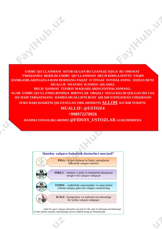 l-javob o`tkazish, uy vazifasini bajarilishini tahlili o`tkazilib no`to`g`ri bajarilgan misollar yuzasidan ko`rsatma beraman. iii yangi mavzu bayoni: 1. a) sonlarni o‘qing: 1 232; 1 047; 2 705; 3 008; 2 000. b) eng kichik va eng katta bir xonali, ikki xonali, uch xonali va to‘rt xonali sonlarni ayting. d) sonlarni yozing: – bir ming yetti yuz yetmish besh; – to‘rt ming sakkiz yuz qirq; – olti ming qiriq sakkiz; – yetti ming ikki yuz; [image: image23.png]– besh ming besh; – to‘qqiz ming to‘rt yuz sakson bir; – uch ming yigirma. 2. 3, 0, 0, 7 raqamlari yordamida beshta turli to‘rt xonali son yozing. 3. 4 449 sonidan keyin keluvchi ketma-ket beshta son yozing. 5 100 sonidan oldin keluvchi to‘rtta son yozing. 4. ifodalarni > yoki 10 40>10 b) 10 va 2 sonlari bo‘linmasi 4 va 3 sonlari ko‘paytmasidan kichik;10/2=5 43-26 1000>17 e) 48 va 40 sonlari ayirmasi noldan katta.48-40=8>0 5. …