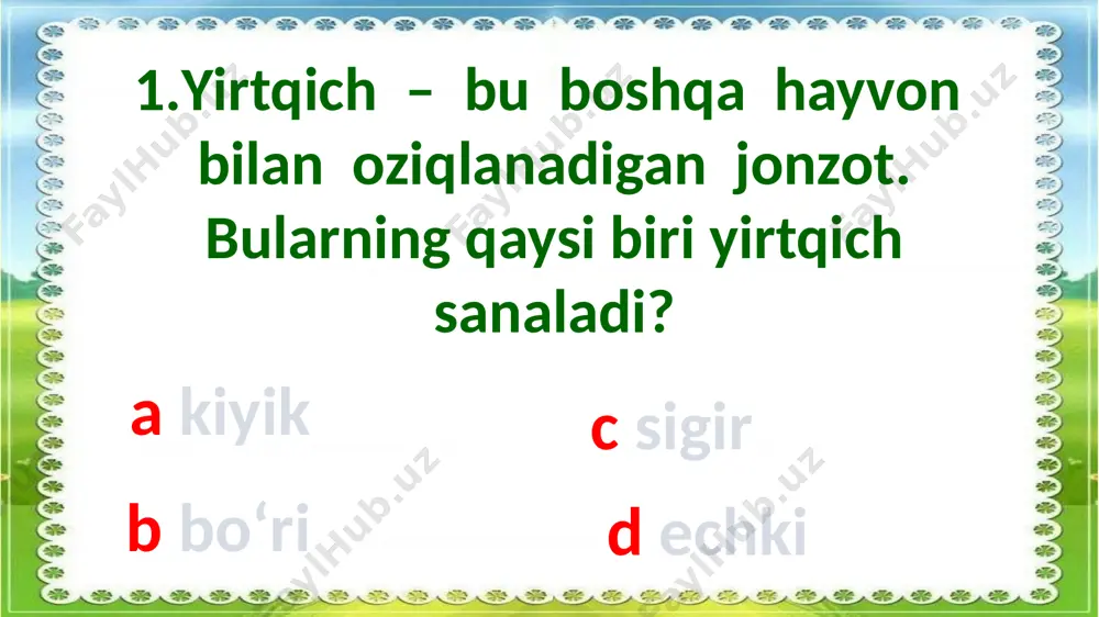 quyosh nurini ko‘lga qaytaradi . 19. x, y yoki z qutilarining qaysi biri eng yengil massaga ega? a. x b. y c. z d. barcha qutining massasi bir xil 20. qaysi biri energiya manbai sifatida foydalanilmaydi? a. oqar suv b. temir rudasi c. quyosh d. neft a.tuxum qobig’i. b. qog’oz plastinka. c. plastik idish. d. apelsin qobig’i. 21.ba'zi narsalar nam tuproqqa ko'milgan. bir necha yil o'tgach, ularning qaysi biri o'zgarishsiz qolgan? 22. odamlar havo ifloslanishini kamaytirishga yordam beradigan ikki xil misolni yozing. transportga ishora qiladi va samolyotlar, avtomobillar va motorli qayiqlardan kamroq foydalanish yoki ko'proq piyoda yurish, velosipedda yurish, jamoat transporti, ot minish, yelkanli qayiq kabi shaxsiy tanlovni taklif qiladi... 2.ishlab chiqarishdagi o'zgarishlarni taklif qiladi. misollar: avtomobillar, avtobuslar va hokazolarni kamroq ifloslantiradigan qilib ishlash kerak. 23.rasmlarda qurbaqa o'sishining turli bosqichlari ko'rsatilgan. rasmlarni qurbaqaning o'sishi tartibida ko'rsatish uchun qutilarga harflarni yozing z v y x 24. diagrammada keng tekislikdan oqib o'tadigan …
