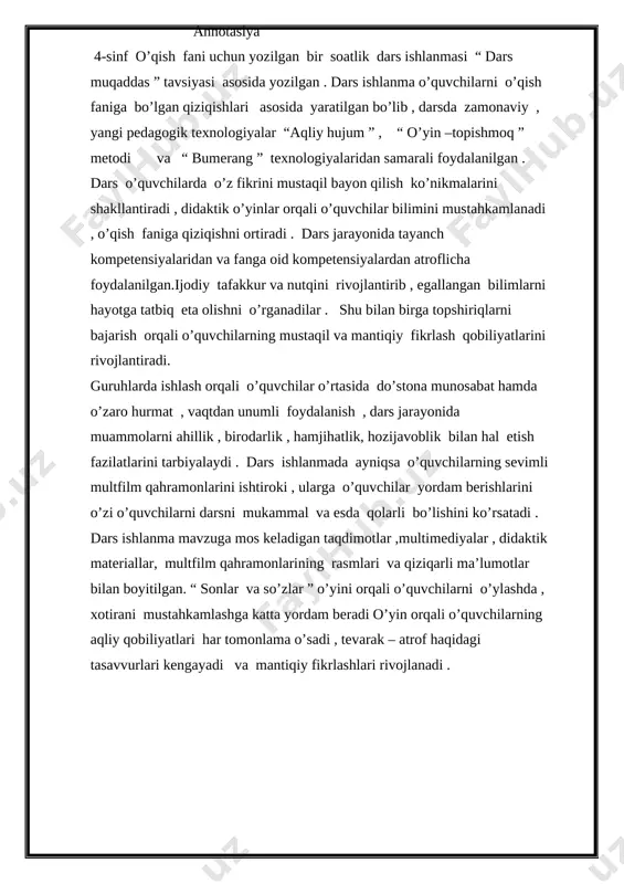 ogiya”,”kim zukko?”,mashqlari dars jihozlari: multimediyali ilovalar,yovvoyi hayvonlar suratlari,tarqatma materiallar,testlar darsning borishi: i.tashkiliy qism. salomlashiladi,davomatni aniqlanadi, o`quv qurollarini nazorat qilinadi,kun tartibi aniqlanadi,sana yoziladi ,o’quvchilarni darsga tayyorlanadi.qish fasliga oid muhim sanalar haqida suhbat o’tkaziladi. darsninig asosiy qoidasi “oltin qoidalar” eslatiladi. sinf shiori: fan osmonida qil parvoz, qancha bilsang shuncha oz. o’qituvchi: shodlik to’lsin desangiz, yuragimga , dilimga a’lo o’qing maktabda mehr qo’yib bilimga o`qituvchi:-uchqur soniyalar lanzalar qaytmas, qaytmaydi kamina sizga bergan dars. allohdan bir tilak tilayman xolos. har darsim bo`lsaydi boqiy muqaddas. -bolajonlar barchangiz darsga tayyormisiz? bugun sinfimizda kim navbatchi? [image: image16.png]o`quvchi:-4-a sinfda bugun menman navbatchi. sinfmizda jamil-jam 33ta o`quvchi hozir darsimiz o`qish, o`qishla kerak uqish. o`lkamizda kuz fasli fasllarning eng asli . o`qituvchi:-darsimizning shiori: shu aziz vatan barchamizniki! o`quvchilar: [image: image17.png]ona zamin va inson jonu tandir, jonu tan. beminnat ota makon. shu vatandir,shu vatan! asragaydir mardlari, dildan artib gardlarin, baxtdir menga dardlari, shu vatandir,shu vatan! [image: image18.jpg] yana takror aytaman, tug`ilsam …