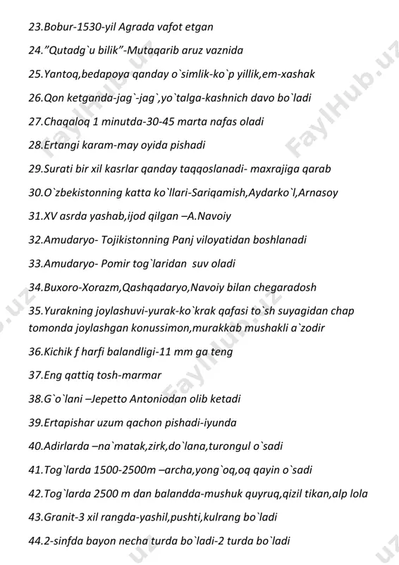 i-daryoning boshi 68.1-sinfda husnixatga-8-10 daqiqa ajratiladi 69.sholi tagida qancha suv bo`lishi kerak-10-20 cm 70.odamning ichki organlaridan 4 raqamini nomi-oshqozon 71.6 ta oyoq,2 ta kalla,1 ta dum-chavandoz va ot 72.sirdaryo viloyatiga qayerdan suv keladi- sirdaryodan 73.amudaryoga-tuyamo`yin suv ombori qurilgan 74.yangi dts qachon qabul qilingan- 2017-yil 6-aprel 187-son qaror 75.matn qanday tasvirlanadi-so`z bilan,grafik bilan 76.sto` darslari qachon tashkil etilgan-1959-yil 77.sto` bosqichlari- tayyorlov,boshlang`ich ,asosiy 78.sto` 1-2 sinfda haftada-17-20 daqiqa,3-4-sinfda 2 haftada 1 marta 79.lotin yozuviga asoslangan o`zbek alifbosi-1993- 2-sentabr 80.qachon qor yog`adi- havo 0 gradusdan pasayganda 81.o`zbekistonni –yarmiga yaqinini cho`llar egallagan cho`llarda yoz- 5-6 oy davom etdi,soyada+50,qumda+80,qishda-20 82.qizilqum,usyurt,mirzacho`l,qarnobcho`l,qarshida yog`in -200mm 83.adirlar-500-1200 metr balandlik yog`in miqdori- 300-550 mm 84.botanika bog`i-64 gektar,o`simliklari 6000 dan ortiq 85.qizil kitobga -324 tur o`simlik,184 tur hayvon kiritilgan 86.tabiatni muhofaza qilish uchun-milliy tabiat bog`i 3 ta ,1 ta kompleks landshaft –buyurtmaxona ,10 ta tabiat yodgorligi,1 ta jayron parvarishxonasi tashkil etildi 87.eng baland tog`- hisor tog`i,o`rtacha 3600 m,eng baland hazrati sulton …