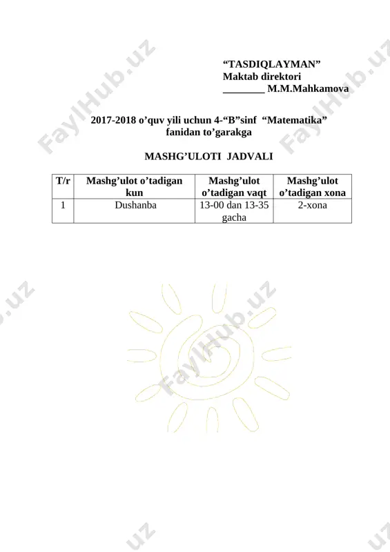 larini almashtirish va guruhlash. koordinata nuqtasi bilan tanishtirish 1 566-567– misol va masalalar 11 690 · 435, 804 · 723 ko‘rinishdagi hollarda ko‘paytirish. kasrlarni chizmalar bo‘yicha taqqoslash 1 666-masala va 667-topshiriqlar 12 uch xonali sonlarni ikki xonali sonlarga qoldiqli bo‘lish 1 745 -746 - topshiriqlarni bajarish 13 ko‘p xonali sonlarni qo‘shish va ayirish 1 takrorlash. 14 o‘rganilgan ko‘rinishdagi misol va masalalarni yechish 1 30-31-misollar. 15 . pozitsion va nopozitsion sanoq sistemasi 1 47-misol va 48-masalalar 16 hamma amallar bilan misollar yechish. massa birliklari jadvalini takrorlash 1 143 - misol va 144 - topshiriqlar 17 ko‘pyoq va uning elementlari 1 167-masala ,168 misol 18 yozma qo‘shish va ayirish bilan tanishtirish 1 190-topshiriq va 191-misol 19 to‘g‘ri chiziqlarning parallelligi 1 213-214-misollar 20 tenglamalar yechish. noma’lum kamayuvchini topish. 238-244- misol va masala 1 244-243-misollar 21 koordinata burchagi. uchrashma harakatga doir masalalarning yechilishi bilan tanishtirish (uchta o‘zaro teskari masala) 1 441 topshiriq va 442 …