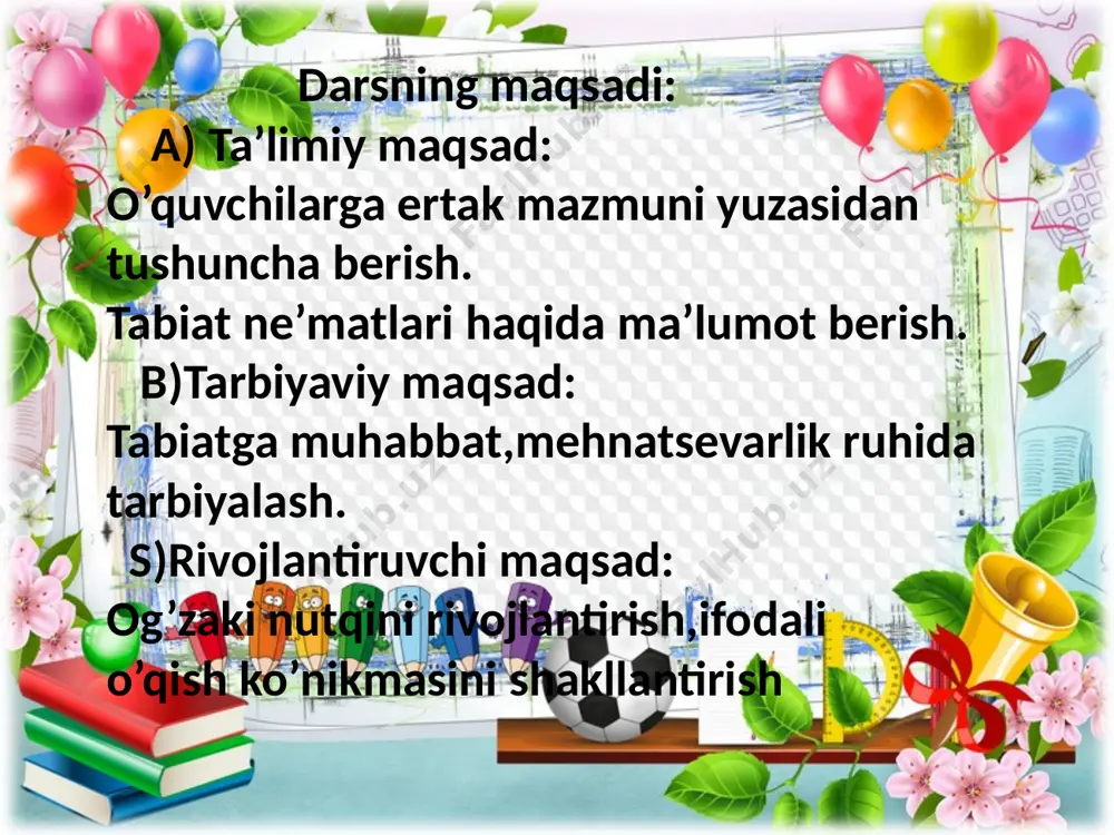 o’zlarning ingliz tilida nomlanishini topib aytishadi. olma-apple qovoq-pumpkin chumchuq-sparrow eshak-donkey daraxt-tree aqlli mehnatsevar dono dangasa eshak yalqov farosatsiz chumchuq farosatli aqlsiz test topshiriqlari: 1.“tabiatning ziynati ko’p” ertagining muallifi kim? a) anvar obidjon b) xalq og’zaki ijodi d) chingiz aytmatov 2. ertak mazmuniga mos keluvchi maqolni toping a)aqlliga –hurmat,aqlsizga-kaltak b) aql yoshda emas,boshda d) hunarli kishi xor bo’lmas 3. eshak daraxtda nimalar pishishini orzu qilibdi? olma b) qovoq d) yong’oq 4.eshak nima uchun aytgan gapidan afsuslanibdi? a)boshiga olma tushib ketgani uchun b)chumchuq ustidan kulgani uchun d)aqlini ishlatgani uchun uyga vazifa: ertakni ifodali o’qishga tayyorlanish. darslikdagi maqol va topishmoqni daftarga ko’chirib yozish. image1.emf ______microsoft_office_powerpoint1.sldx image3.gif image4.png image1.jpeg image2.png image2.jpeg image3.gif image4.jpeg image5.jpeg image6.emf ______microsoft_office_powerpoint2.sldx image3.jpeg image4.jpeg image5.gif image6.jpeg image7.jpeg image8.jpeg image9.jpeg image1.jpeg image2.png image7.jpeg image8.jpeg image9.png image10.jpeg image11.jpeg image12.jpeg image13.jpeg image14.jpeg image15.png image16.jpeg image17.jpeg image18.jpeg image19.jpeg image25.jpeg ______microsoft_office_powerpoint3.sldx image3.gif image4.png image1.jpeg image2.png image20.png image21.png image22.jpeg image23.png image24.jpeg ______microsoft_office_powerpoint4.sldx image3.gif image4.png image1.jpeg image2.png …