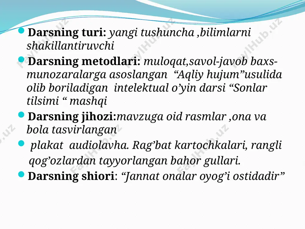 binafshalar turibdi . har biringiz bittadan gul tanlab oling . gullar orqali birlashib, guruhlar hosil qiling (rangli qog’oz va kartonlardan yasalgan gullar bo’ladi ) o’qituvchi: bolalar bir qo’li bilan beshikni, bir qo’li bilan dunyoni tebratgan mehribonlarimiz haqida siz nima deysiz? fikrimizni she’riy tarzda ifodalaymiz. guruhlarni esa mushoiraga chorlaymiz. guruhlar o’qituvchi savoliga she’riy usulda javob qaytaradilar 1.“lola” guruhi: 2.”boychechak” guruhi: ona hayot osmonida qatra jondan bino dilbandin, yorqin quyosh bo’lib charaqlar. boshi uzra bo’lib parvona. farzand uchun kerak bo’lsa u, farzanding oromi uchun, hatto chog’ni kaftida saqlar. oromidan ham kechar ona . bormi bu dunyoda onadan aziz bormi bu dunyoda onadan aziz, ona bilan har bir xonadon aziz. ona bilan har bir xonadon aziz. 3. “binafsha” guruhi: farzandining oyoqlariga, tasodifan kirsa bir tikan . eng avval u mushfiq onaning, yuragiga sanchilar ekan. bormi bu dunyoda onadan aziz, ona bilan har bir xonadon aziz. “lola”: “boychechak”: bu dunyoda yo’qdir qiyosing, inson umru …