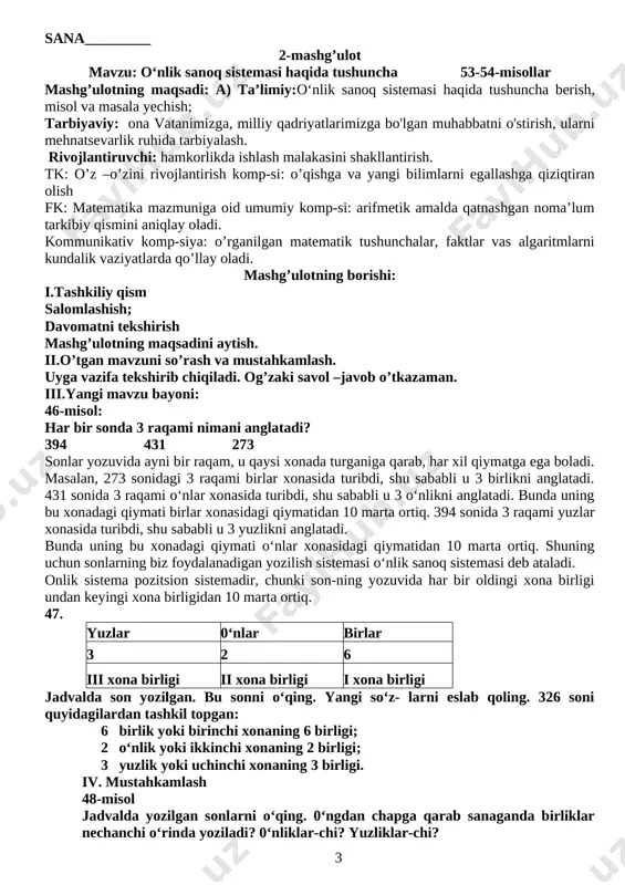 lanadigan yozilish sistemasi o‘nlik sanoq sistemasi deb ataladi. onlik sistema pozitsion sistemadir, chunki son-ning yozuvida har bir oldingi xona birligi undan keyingi xona birligidan 10 marta ortiq. 47. yuzlar 0‘nlar birlar 3 2 6 iii xona birligi ii xona birligi i xona birligi jadvalda son yozilgan. bu sonni o‘qing. yangi so‘z- larni eslab qoling. 326 soni quyidagilardan tashkil topgan: 6 birlik yoki birinchi xonaning 6 birligi; 2 o‘nlik yoki ikkinchi xonaning 2 birligi; 3 yuzlik yoki uchinchi xonaning 3 birligi. iv. mustahkamlash 48-misol jadvalda yozilgan sonlarni o‘qing. 0‘ngdan chapga qarab sanaganda birliklar nechanchi o‘rinda yoziladi? 0‘nliklar-chi? yuzliklar-chi? yuzlar 0‘nlar birlar iii xona birligi ii xona birligi i xona birligi 3 4 8 5 0 9 2 7 0 348 nining har bir xonasida nechta birlik bor? 509 sonida-chi? 270 sonida-chi? 49-misol: quyidagi sonlarni yozing va o‘qing: 1) uchinchi xonaning 6 birligi, ikkinchi xonaning 0 birligi, birinchi xonaning 1 birligi; 2) …