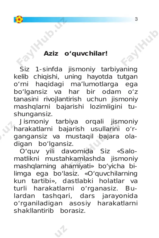 lar! siz jismoniy tarbiya dars larida o‘tiladigan ayrim sport tur- la rining elementlarini o‘rgandingiz va sport turlari bilan tanishdingiz. ulardan o‘zingizga yoqqan sport turi bilan shug‘ul lanishingiz mum- kin. 9 qadimgi ajdodlarimiz jismoniy harakat qilish jarayonida, ayniqsa, ov qilishni o‘rgana borish davri- dan boshlab mashqlarni kim yaxshi bajaradi, ov qilishda kim tezkor, chaqqonlikda kim ustun chiqadi degan masalaga jiddiy qarashgan. oddiy so‘z bilan aytganda, bella- shuvlar bo‘lgan. amir òemur bobomiz davridayoq lashkarlarni har tomonlama kuchli, baquvvat, chaqqon, chidamli, ja- sur, botir qilib tarbiyalashda ular- ning jismoniy tayyorgarligini sinab ko‘rish maqsadida musobaqalar tashkil qilingan. musobaqalar ku- rash, ot poygasi, suvda suzish, qoyalarga tirmashib chiqish, dar- yolardan arqonga osilib o‘tish, qi- lichbozlik, tosh ko‘tarish bo‘yicha o‘tkazilar edi. bunday musobaqa- larning muntazam o‘tkazib turilishi lashkarlarning jismonan baquvvat bo‘lishlarini ta’minlagan. amir òemur lashkarlari faqat umu- miy jismoniy tayyorgarlik mashq- 10 lari bilangina emas, «1000 askar» o‘yinlari, ya’ni karatega yaqinroq bo‘lgan sport turi bilan ham …