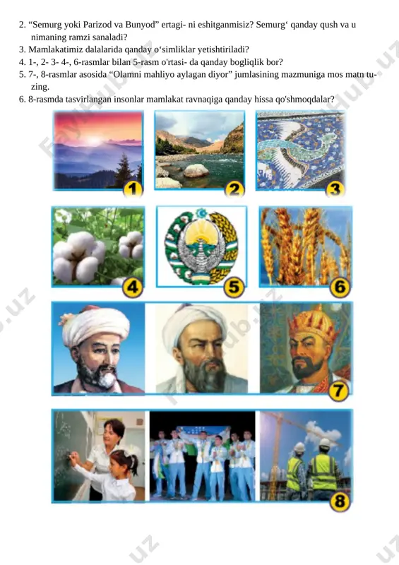rsand bol- ganmi? alifbeni yod olib, mustaqil kitob o‘qiy boshlagan kuningizni eslang. siz uchun bu katta bay ram bolganmi? 6.sizdan yaqinlaringiz ko'plab yutuqlarga eri- shishingizni kutib qoladilar. siz bunga tayyormisiz? v.o`quvchilarni rag`batlantirish. darsni yakunlash. darsda faol qatnashgan o`quvchilar baholanadi va rag`batlantiriladi vi.. uyga vazifa .o`qib,savollarga javob yozib kelish va mavzuga mos rasm chizish. o’tibdo’ _______ ___________________ sana:__________________ mavzu : imkoniyatlar va ehtiyojlar maqsad: ta’limiy: o`quchilarga bugungi mavzuga oid bilim va tushunchalar berish. yuksak insoniy fazilatlar mohiyatini anglatish, ularga ongli munosabatda bo’lish, hamma millat vakillariga yaxshi munosabatda bo’lish bilimini shakllantirish tk2:axborot manbalari (televizor, telefon)dan to‘g‘ri foydalana olish fk1suhbatdoshni tinglash, sukut saqlash va o‘z fikrini to‘g‘ri bayon qilish ; tarbiyaviy: odob-inson ko’rki va ma’naviy boyligi ekanligini va mutafakkir ma’rifatparvarlar asarlaridagi hikmat, rivoyat va o’g’itlarini, milliy sharqona odob-axloq qoidalari, fazilatlarini, o’zbekona urf-odat va an’analarining millliy xususiyatlarni farqlash va amalga oshirish usullarini o’rgatish. tk4: davlat ramzlariga hurmat va ehtirom ko‘rsatish; rivojlantiruvchi:o`quvchilarning mavzuga oid bilim, …