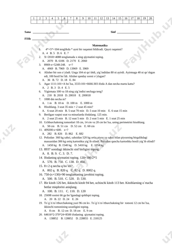 tobing b. daftaring, onasi d. qalpog`ing, uyingiz e. kitobing, mahallang 9. i shaxs ko`plik qo`shimchasi ishtirok etgan gapni aniqlang. a. maktabimiz qishloq chetida joylashgan b. nodir ukasini bog`chadan olib keldi d. kitobingizni olsam maylimi? e. onam menga issiq kulcha berdilar 10. kelishik qo`shimchalari qanday vazifani bajaradi? a. yangi so`z hosil qiladi b. so`zlarni o`zaro bog`laydi d. gaplarni bir-biriga bog`laydi e. urg`u hosil qiladi 11. hovuz bo`yida supada uxlab qolgan yorqintoy soat ikkilarda uyg`ondi. ushbu gapda qaysi kelishik qo`shimchasi qo`llangan? a. qaratqich kelishigi b. tushum kelishigi d. o`rin-payt kelishigi e. chiqish kelishigi 12. jo`nalish kelishigi qo`shimchasi qatnashgan gapni aniqlang a. tabiatni asrash kerak b. tomog`iga suyak qadaldi d. alisherning otasi adabiyotni sevardi e. qarqunoqdan bulbul chiqdi 13. ziragi, bulog`i, yuragi so`zlarida qanday hodisa yuz beryapti? a. tovush tushyapti b. tovush almashyapti d. hech qanday hodisa bo`lgani yo`q e. a va b javoblar to`g`ri 14. –ng, -ing, -miz, -m qo`shimchalari qanday qo`shimchalar …