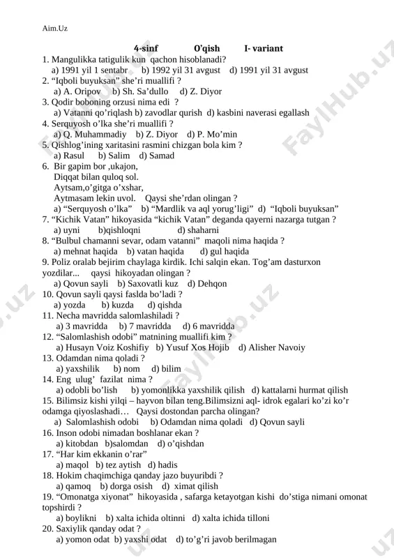 talarni hurmat qilish 15. bilimsiz kishi yilqi – hayvon bilan teng.bilimsizni aql- idrok egalari ko’zi ko’r odamga qiyoslashadi… qaysi dostondan parcha olingan? a) salomlashish odobi b) odamdan nima qoladi d) qovun sayli 16. inson odobi nimadan boshlanar ekan ? a) kitobdan b)salomdan d) o’qishdan 17. “har kim ekkanin o’rar” a) maqol b) tez aytish d) hadis 18. hokim chaqimchiga qanday jazo buyuribdi ? a) qamoq b) dorga osish d) ximat qilish 19. “omonatga xiyonat” hikoyasida , safarga ketayotgan kishi do’stiga nimani omonat topshirdi ? a) boylikni b) xalta ichida oltinni d) xalta ichida tilloni 20. saxiylik qanday odat ? a) yomon odat b) yaxshi odat d) to’g’ri javob berilmagan 21. “qo’zichoq” hikoyasi qaysi bo’limda berilgan ? a) ma’naviyat qalb quyoshi b) istiqlolim –istiqbolim d) oltin kuz 22. o’zbekiston respublikasi konstitutsiyasi qachon qabul qilindi? a) 1992- yil 8- dekabr b) 1991-yil 18 –dekabr d) 1992- yil 10- dekabr 23. “oltin” so’zi …