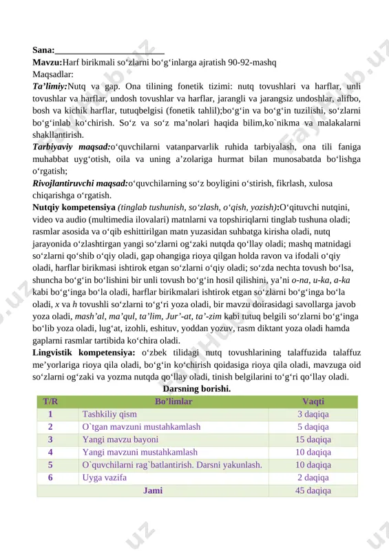 ibdo`: ______________ sana:________________________ mavzu:harf birikmali so‘zlarni bo‘g‘inlarga ajratish 90-92-mashq maqsadlar: ta’limiy:nutq va gap. ona tilining fonetik tizimi: nutq tovushlari va harflar, unli tovushlar va harflar, undosh tovushlar va harflar, jarangli va jarangsiz undoshlar, alifbo, bosh va kichik harflar, tutuqbelgisi (fonetik tahlil);bo‘g‘in va bo‘g‘in tuzilishi, so‘zlarni bo‘g‘inlab ko‘chirish. so‘z va so‘z ma’nolari haqida bilim,ko`nikma va malakalarni shakllantirish. tarbiyaviy maqsad:o‘quvchilarni vatanparvarlik ruhida tarbiyalash, ona tili faniga muhabbat uyg‘otish, oila va uning a’zolariga hurmat bilan munosabatda bo‘lishga o‘rgatish; rivojlantiruvchi maqsad:o‘quvchilarning so‘z boyligini o‘stirish, fikrlash, xulosa chiqarishga o‘rgatish. nutqiy kompetensiya (tinglab tushunish, so‘zlash, o‘qish, yozish):o‘qituvchi nutqini, video va audio (multimedia ilovalari) matnlarni va topshiriqlarni tinglab tushuna oladi; rasmlar asosida va o‘qib eshittirilgan matn yuzasidan suhbatga kirisha oladi, nutq jarayonida o‘zlashtirgan yangi so‘zlarni og‘zaki nutqda qo‘llay oladi; mashq matnidagi so‘zlarni qo‘shib o‘qiy oladi, gap ohangiga rioya qilgan holda ravon va ifodali o‘qiy oladi, harflar birikmasi ishtirok etgan so‘zlarni o‘qiy oladi; so‘zda nechta tovush bo‘lsa, shuncha …