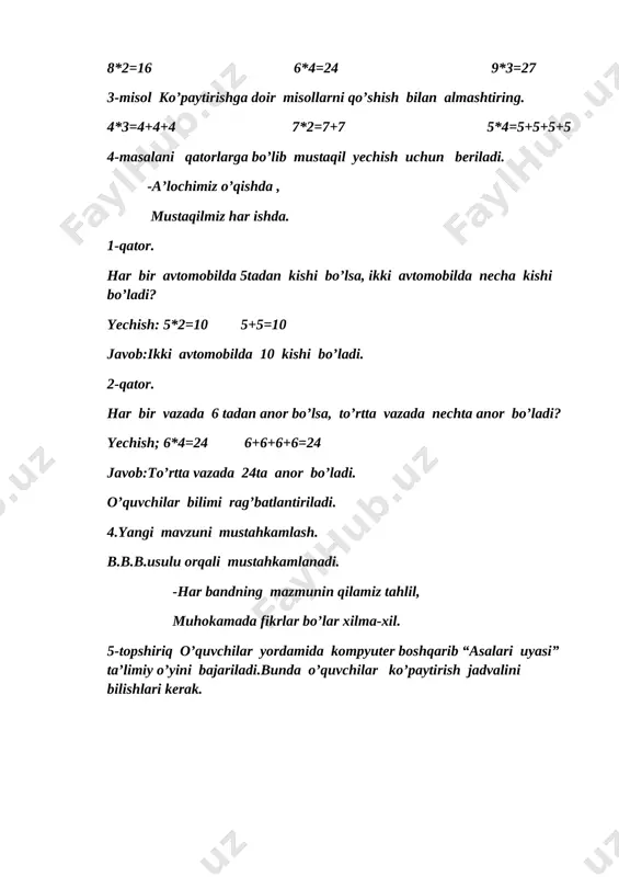 ayvonlar\pashsha.jpg] 9 35 10 25 40 4 5 3 0 15 20 5 dam olish daqiqasi jajjigina o’rdakcha makonidir ko’lmakcha. mag’rur yuradi bunday, qanot yozadi bundat. boshin silkitar shunday, do’stlari bor bir talay. guruhlardan o’quvchilar kompyuterda test topshiriqlarini bajaradilar. kompyuter orqali natijalarini tekshiradilar. 5.o’quvchilar bilimini baholash. guruhlar ballari hisoblanadi va guruhlardan alohida faol o’quvchilar rag’batlantiriladi. 6.uyga vazifa. 6-7-misollarning bajarilishi tushuntiriladi. -yakunlandi ushbu dars, dars biz uchun muqaddas. dars jarayoni va texnalogiyasi. t/r ishning nomi bajariladigan ish metodi vaqt 1 tashkiliy qism salomlashish,o’quvchilarning darsga tayyorligini nazorat qilish.sinf o’quvchilarini giruhlarga bo’lish. savol-javob.suhb at 3 daqiqa 2 o’tgan mavzularni takrorlash uyga vazifalarni tekshirish.”issiq kartoshka” “juftini top”, ”jim” o’yinlari orqali bajariladi. guruhlar bilan ishlash savol-javob 7 daqiqa 3 yangi mavzu mavzu haqida tushuncha berishmisol va masala yechish,mustaqil ish,darslik bilan ishlash tushuntirish mustaqil ish 20daqiqa 4 mustahkamlash “asalari uyasi”o’yini 5topshiriqbajariladi.she’rxonlik mushoirasi. ta’limiy o’yin,b.b.b. usuli 15daqiqa 5 yakunlash va baholash guruhlar ballarini hisoblash o’quvchilarni baholash suhbat …