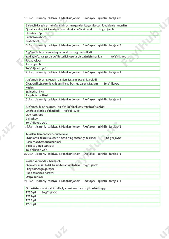 chaqonlik ,tezkorlik, chidamlilik va boshqa zarur sifatlarni to’g’ri javob kuchni egiluvchanlikni raqobatchanlikni 18 .fan ,jismoniy tarbiya . k,mahkamjonov, f.xo’jayev qiyinlik darajasi-2 arg’amchi bilan sakrash bu o’yi ko’pinch qay tarzda o’tkaziladi estafeta sifatida o’tkaziladi to’g’ri javob quvnoq sitart bellashuv to’g’ri javob yo’q 1 9.fan ,jismoniy tarbiya . k,mahkamjonov, f.xo’jayev qiyinlik darajasi-1 tekislan kamandasi berilishi bilan oyoqlorbir tekislikka qo’yib bosh o’ng tomonga buriladi to’g’ri javob bosh chap tomonga buriladi bosh to’g’riga qaraladi to’g’ri javob yo’q 20 .fan ,jismoniy tarbiya . k,mahkamjonov, f.xo’jayev qiyinlik darajasi-1 roslan kamandasi berilgach o’quvchilar safda tik turish holatini oladilar to’g’ri javob o’ng tomonga qaraydi chap tamonga qaraydi ortga buriladi 21 .fan ,jismoniy tarbiya . k,mahkamjonov, f.xo’jayev qiyinlik darajasi-1 o’zbekistonda birinchi fudbol jamosi nechanchi yil tashkil topga 1912-yil to’g’ri javob 1913-yil 1919-yil 1991-yil 22.fan ,jismoniy tarbiya . k,mahkamjonov, f.xo’jayev qiyinlik darajasi-2 o’zbekistonda birinchi fudbol qayerda tashkil topgan qo’qon shaxrida to’g’ri javob andijon shaxrida jizzax shaxrida navoiy shaxrida 23 .fan …