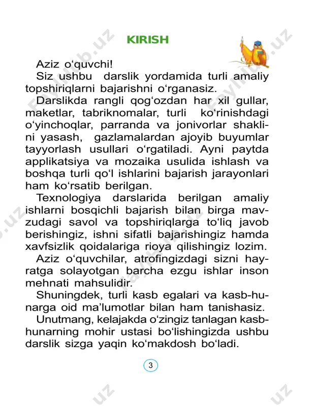 ng. 2. bigizni o‘rinsiz ishlatmang. 8 3. sirti silliq va sirpanchiq bo‘lgan qattiq buyumlarni bigiz bilan teshmang. 4. teshiladigan buyumni qo‘lingizda ushla- mang, uni stol, taglik ustiga qo‘yib teshing. pichoq bilan ishlash qoidalari 1. kanselyariya pichog‘idan o‘qituvchingiz yordamida foydalaning. 2. kanselyariya pichog‘ini o‘qituvchi ko‘r satganidek ishlating, kesayotganda qattiq bosmang. igna bilan ishlash qoidalari 1. ignani ishlatib bo‘lgach, maxsus yostiq chaga sanchib qo‘ying. 2. ignani hech qachon og‘zingizga sol- mang. 3. ortiqcha ignalarni maxsus igna idishda saqlang. 4. ishdan oldin va ishdan keyin ignalarni sanab ko‘ring, yetishmagan ignalarni, albat- ta, toping. 9 tabiiy urug‘lardan applikatsiya usulida naqsh tuzish poliz ekinlarining urug‘laridan foydala- nishdan oldin ularni yaxshilab tozalash va quritib olish kerak. 1 2 3 qovoq qovun tarvuz urug‘larni yelimlashdan oldin naqsh shaklini chizib oling. 10 kartonni ishga tayyorlang va to‘g‘ri chiziqlar chizing. unga urug‘lardan naqshlar soling. 4 5 6 1 2 3 4 sabzavot va meva turlarini sanab be- ring. 11 …
