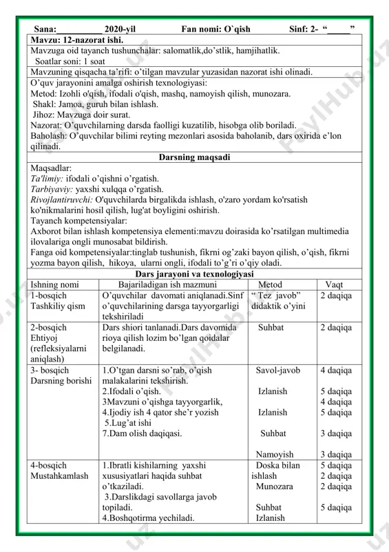 ta-onangiz yordamida yana bir nechta kasb yoki hunarlar nomini yozib keling va mavzuga doir rasm chizing. baholash. o'quvchilar reyting mezonlari asosida baholab boriladi va mashg'ulot yakunida umumiy ballar e'lon qilinadi. savollarga ijodiy yondashib javob bergan va yuqori ball to'plagan o'quvchilar rag'batlantiriladi. ko’rildi: o’ibdo’: sana:__________ 2020-yil fan nomi: o`qish sinf: 2- “_____” mavzu: 12-nazorat ishi. mavzuga oid tayanch tushunchalar: salomatlik,do’stlik, hamjihatlik. soatlar soni: 1 soat mavzuning qisqacha ta’rifi: o’tilgan mavzular yuzasidan nazorat ishi olinadi. o’quv jarayonini amalga oshirish texnologiyasi: metod: izohli o'qish, ifodali o'qish, mashq, namoyish qilish, munozara. shakl: jamoa, guruh bilan ishlash. jihoz: mavzuga doir surat. nazorat: o’quvchilarning darsda faolligi kuzatilib, hisobga olib boriladi. baholash: o’quvchilar bilimi reyting mezonlari asosida baholanib, dars oxirida e’lon qilinadi. darsning maqsadi maqsadlar: ta'limiy: ifodali o’qishni o’rgatish. tarbiyaviy: yaxshi xulqqa o’rgatish. rivojlantiruvchi: o'quvchilarda birgalikda ishlash, o'zaro yordam ko'rsatish ko'nikmalarini hosil qilish, lug'at boyligini oshirish. tayanch kompetensiyalar: axborot bilan ishlash kompetensiya elementi:mavzu doirasida ko’rsatilgan multimedia ilovalariga …