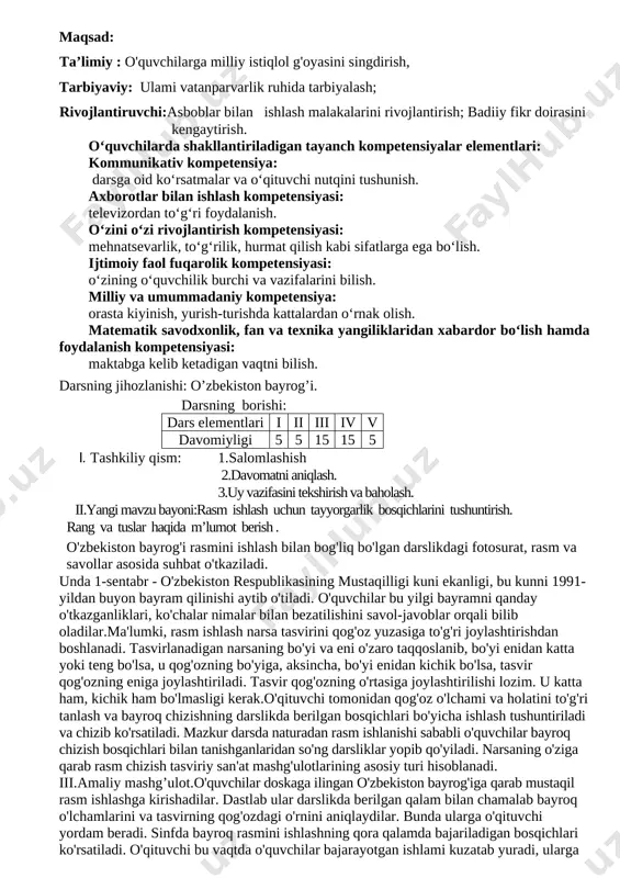nsiyasi: televizordan to‘g‘ri foydalanish. o‘zini o‘zi rivojlantirish kompetensiyasi: mehnatsevarlik, to‘g‘rilik, hurmat qilish kabi sifatlarga ega bo‘lish. ijtimoiy faol fuqarolik kompetensiyasi: o‘zining o‘quvchilik burchi va vazifalarini bilish. milliy va umummadaniy kompetensiya: orasta kiyinish, yurish-turishda kattalardan o‘rnak olish. matematik savodxonlik, fan va texnika yangiliklaridan xabardor bo‘lish hamda foydalanish kompetensiyasi: maktabga kelib ketadigan vaqtni bilish. darsning jihozlanishi: olma, ko'za va tarvuz . darsning borishi: dars elementlari i ii iii iv v davomiyligi 5 5 15 15 5 i.tashkiliy qism: 1.salomlashish 2.davomatni aniqlash. 3.uy vazifasini tekshirish va baholash. ii.yangi mavzu bayoni rassomlar ishlagan natyurmortlarni o'quvchilar tomonidan emotsional-estetik jihatdan idrok etilishi tashkil qilinadi. shu maqsadda darslikda berilgan natyurmort tasviri tahlil etiladi. shuningdek ular e'tiborini naturalarni qog'oz yuzasiga to'g'ri joylashtirishga ham qaratish lozim. olma, tarvuz, ko'zaning tuzilishi, shakli, rangi, o'lchovlari va proporsiyalarini ham e'tiborga olish ta'kid​lanadi. o'qituvchi avval darslikda berilgan olma, ko'za va tarvuz rasmlarini xomaki chizish bosqichlari biian o'quvchilarni tanishtiradi. ko'za tuzilishi jihatidan bir necha …