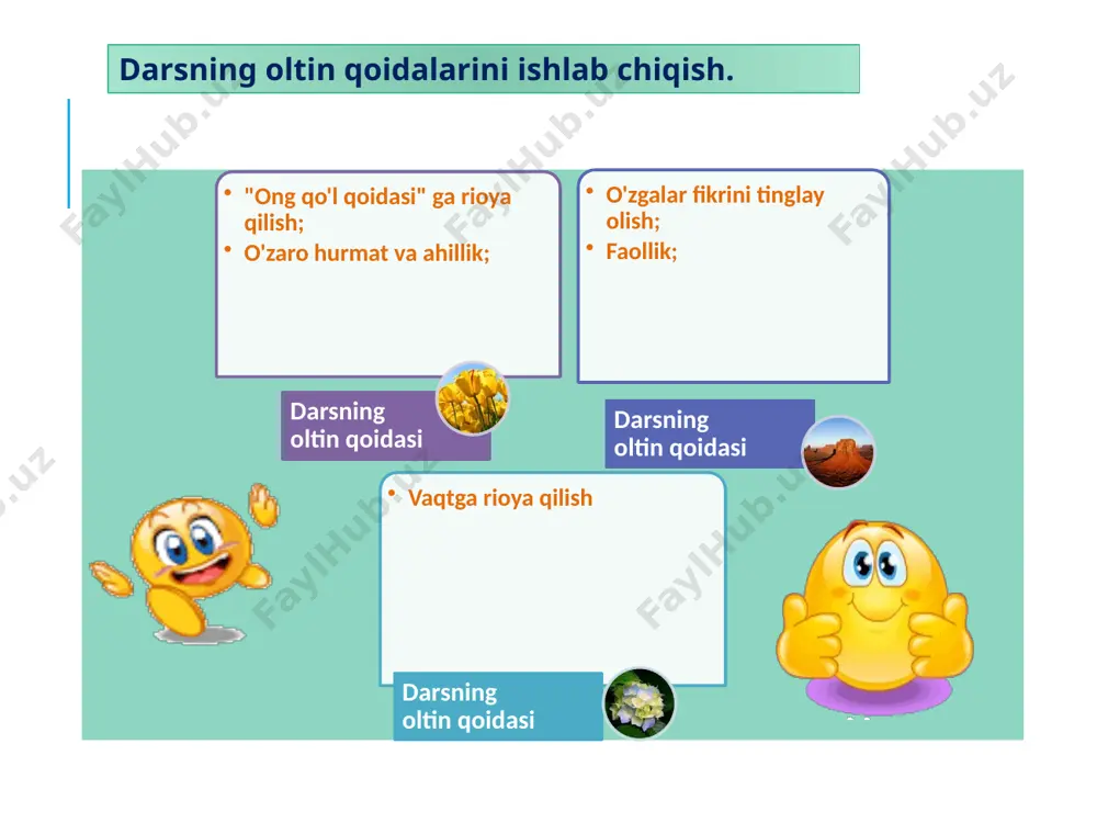 a rag’batlantiriladi o‘tilgan dars umumlashtiriladi vi. uyga vazifa: mavzuni o’qib mazmunini gapirib berish etiboringiz uchun rahmat. image2.gif image3.jpeg image4.jpeg image5.jpeg image6.gif audio1.wav image7.png image8.png image9.png image10.emf @materiallar kanali i.davlat va jamiyat qurilish tizimini takomillashtirish. (moviy rang – osmon va toza suv ramzi, buyuk amir temur davlatining bayrog’ining rangi) ii. qonun ustuvorligini ta’minlash va sud-xuquq tizimini yanada isloh qilish. (siyohrang – qonuniylik elementlari hisoblangan ustuvorlik va or- nomuslilik ramzi) iii.iqtisodiyotni rivojlantirish va liberallashtirish. (tillarang – iqtisodiyotni rivojlantirish elementlari hisoblangan kuch-qudrat va boylik ramzi) iv.ijtimoiy sohani rivojlantirish. (qizil rang – xayot va aholining munosib turmush tarzini ta’minlash ramzi) v.xavfsizlik, diniy bag’rikenlik va millatlararo totuvlik, o’zaro manfaatli va amaliy tashqi siyosat. (oq rang – tinchliksevarlik siyosati elementlari hisoblangan tinchlik va soflik ramzi) @materiallar kanali 1. davlat va jamiyat qurilishi tizimini takomillashtirishning ustuvor yo‘nalishlari 1.1. demokratik islohotlarni chuqurlashtirish va mamlakatni modernizatsiya qilishda oliy majlis palatalari, siyosiy partiyalarning rolini yanada kuchaytirish 1.2. davlat boshqaruvi tizimini …