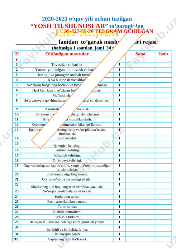 ;. o'zbek xalqining milliy urf-odat, an'ana va qadriyatlarini amalda qo'llash malakalarini shakllantirish. tk.3. kattalarga, kichiklarga va o‘rtoqlariga yordam berish. rivojlantiruvchi maqsad: so`zlarni tog`ri yozish malakalarini rivojlantirish fanga oid kompetensiyalar: og`zaki va yozma nutqini rivojlantirish. mustaqil fikrlashga o`rgatish. f.k.2. mavzuga oid so‘zlarni og‘zaki va yozma nutqda qo‘llay oladi; darsning turi : mustahkamlovchi, 99-427-89-26 telgram ochilgan darsning metodi:suhbat, tushuntirish,”savol-javob” metodi. darsning jihozi:darslik,rangli ko’rgazmalar,harakatli ko’rgazmalar, plakatlar.kitob i.tashkiliy qism: salomlashish, o’quvchilarni darsga tayyorgarliklarini tekshirish. aylanma daftarlarni almashtirish. chiroyli va xatosiz yozish yuzasidan ko`rsatmalar beraman. iii.yangi mavzu bayoni: o’qituvchi darslikdagi mashq orqali bugungi mavzuni ko’rgazmalar, slayd va multimedia ilovasi orqali tushuntiradi va berilgan mashqlar o’quvchilar bilan sinf doskasi va o’z daftarlariga mustaqil yozib bajartiriladi. 1-mashq. matn nima haqida ekanini ayting. o‘zbekiston taraqqiyot yo‘liga chiqdi. u o‘z bayrog‘iga ega bo‘ldi. o‘z tug‘rosini tasdiqladi. birinchi bosh qonunini yaratdi. birlashgan millatlar tashkiloti peshtoqida mustaqil davlatlar qatori uning bayrog‘i ham hilpiradi. osmon darvozalaridan, temiryo‘l qopqalaridan yetti iqlim elchilari yurtimizga …