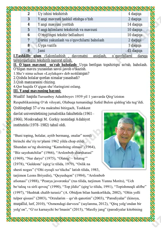 daqiqa 3 yangi mavzuni tashkil etishga o’tish 2 daqiqa 4 yangi mavzuni yoritish 14 daqiqa 5 yangi bilimlarni tekshirish va mavzuni 10 daqiqa 6 o’rtog’ingni tekshir bellashuvi 10 daqiqa 7 darsni yakunlash va o’quvchilarni baholash 2 daqiqa 8 uyga vazifa 1 daqiqa 9 jami 45 daqiqa i.tashkiliy qism :salomlashish , davomatni aniqlash, o`quvchilarni darsga tayyorgarligini tekshirib nazorat qilish. ii. o`tgan mavzuni so`rab baholash: uyga berilgan topshiriqni so'rab, baholash. o'tilgan mavzu yuzasidan savol-javob o'tkazish. 1.she’r nima uchun «laylakqor» deb nomlangan? 2.qishda bolalar qordan nimalar yasashadi? 3.qish manzarasini chizing. 4.qor haqida o`qigan she’rlaringizni eslang. iii. yangi mavzuning bayoni: muallif haqida:tursunboy adashboyev 1939 yil 1 yanvarda qirgʻiziston respublikasining oʻsh viloyati, olabuqa tumanidagi safed bulon qishlogʻida tugʻildi. qishloqdagi 57-oʻrta maktabni bitirgach, toshkent davlat universitetining jurnalistika fakultetida (1961– 1966), moskvadagi m. gorkiy nomidagi adabiyot institutida (1978–1982) tahsil oldi. “buni toping, bolalar, aytib bermang, onalar” nomli birinchi sheʼriy toʻplami 1962 yilda chop etildi. shundan soʻng shoirning …