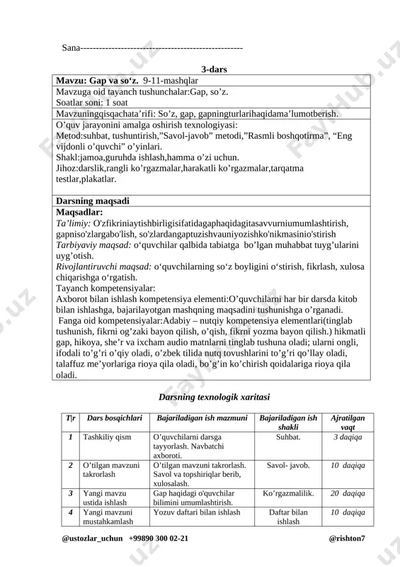 dangaptuzishvauniyozishko'nikmasinio'stirish tarbiyaviy maqsad: o‘quvchilar qalbida tabiatga bo’lgan muhabbat tuyg’ularini uyg’otish. rivojlantiruvchi maqsad: o‘quvchilarning so‘z boyligini o‘stirish, fikrlash, xulosa chiqarishga o‘rgatish. tayanch kompetensiyalar: axborot bilan ishlash kompetensiya elementi:o’quvchilarni har bir darsda kitob bilan ishlashga, bajarilayotgan mashqning maqsadini tushunishga o’rganadi. fanga oid kompetensiyalar:adabiy – nutqiy kompetensiya elementlari(tinglab tushunish, fikrni og’zaki bayon qilish, o’qish, fikrni yozma bayon qilish.) hikmatli gap, hikoya, she’r va ixcham audio matnlarni tinglab tushuna oladi; ularni ongli, ifodali to’g’ri o’qiy oladi, o’zbek tilida nutq tovushlarini to’g’ri qo’llay oladi, talaffuz me’yorlariga rioya qila oladi, bo’g’in ko’chirish qoidalariga rioya qila oladi. darsning texnologik xaritasi t|r dars bosqichlari bajariladigan ish mazmuni bajariladigan ish shakli ajratilgan vaqt 1 tashkiliy qism o’quvchilarni darsga tayyorlash. navbatchi axboroti. suhbat. 3 daqiqa 2 o’tilgan mavzuni takrorlash o’tilgan mavzuni takrorlash. savol va topshiriqlar berib, xulosalash. savol- javob. 10 daqiqa 3 yangi mavzu ustida ishlash gap haqidagi o'quvchilar bilimini umumlashtirish. ko’rgazmalilik. 20 daqiqa 4 yangi mavzuni mustahkamlash yozuv daftari …