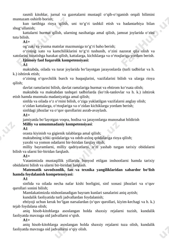 va h. k.) ishtirok etish; o‘zining o‘quvchilik burch va huquqlarini, vazifalarini bilish va ularga rioya qilish; davlat ramzlarini bilish, davlat ramzlariga hurmat va ehtirom ko‘rsata olish; maktabda va maktabdan tashqari tadbirlarda (ko‘rik-tanlovlar va h. k.) ishtirok etish hamda muomala madaniyatiga amal qilish; sinfda va oilada o‘z o‘rnini bilish, o‘ziga yuklatilgan vazifalarni anglay olish; o‘zidan kattalarga, o‘rtoqlariga va o‘zidan kichiklarga yordam berish; sinfdagi jihozlar va o‘quv qurollarini asrab-avaylash. a1+ jamiyatda bo‘layotgan voqea, hodisa va jarayonlarga munosabat bildirish milliy va umummadaniy kompetensiyasi: a1 orasta kiyinish va gigienik talablarga amal qilish; maktabning ichki qoidalariga va odob-axloq qoidalariga rioya qilish; yaxshi va yomon odatlarni bir-biridan farqlay olish; milliy bayramlarni, milliy qadriyatlarni, o‘zi yashab turgan tarixiy obidalarni bilish va ularni bir-biridan farqlash. a1+ vatanimizda mustaqillik yillarida bunyod etilgan inshootlarni hamda tarixiy obidalarni bilish va ularni bir-biridan farqlash. matematik savodxonlik, fan va texnika yangiliklaridan xabardor bo‘lish hamda foydalanish kompetensiyasi: a1 sinfida va oilada necha nafar kishi …