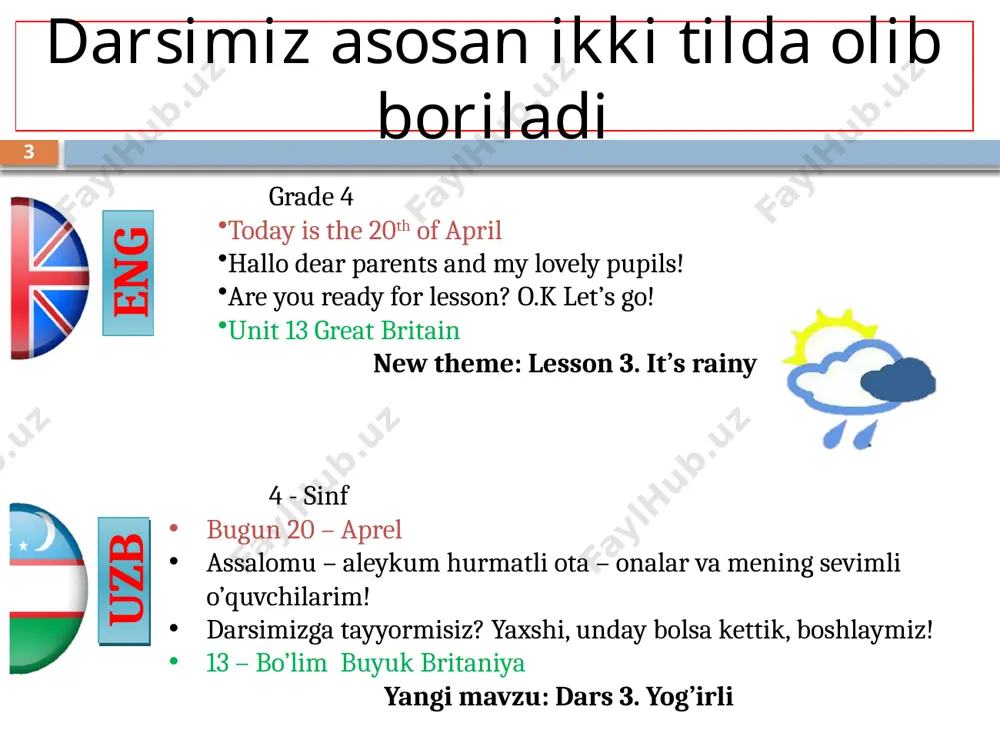 luck! #we are with you! 🏠stay home! unit 13 great britain 10 contact info: english teachers: mr. arislanbay maqsetovich mrs. allabergenova olmaxon about “it’s rainy” lesson tel. +998 91 3848497 t.me/@maqsetovich 🏠@english_in_nukus @english_in_nukus_chat don’t forget to spread our link 11 thank you for your attention! fikr va mulohazalar uchun kanalimizga murojat eting. o'zingiz va oilangiz salomatligini asrang! uyda qoling! agar ushbu dars jarayonida xatolar bor bolsa uzr soraymiz va keyingi darslarda tuzatishga harakat qilamiz. biz sizning ishonchingiz uchun doim harakattamiz! qimmatli vaqtingizni kitob oqishga sarflang! 12 image3.wmf image4.png image5.png image6.png image7.png image8.png image9.png image10.png image11.gif image12.png image13.png image14.jpeg image15.png image16.jpg image17.wmf image18.wmf image19.png image20.jpeg image21.png image22.wmf image23.jpeg image24.png image25.jpeg