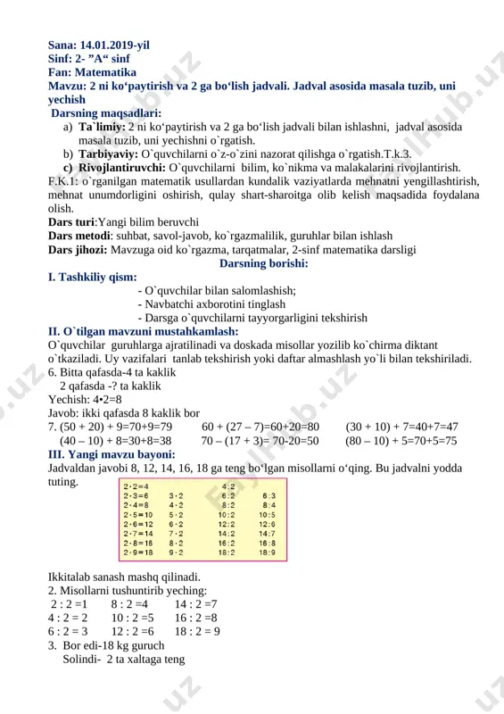 (27 – 7)=60+20=80 (30 + 10) + 7=40+7=47 (40 – 10) + 8=30+8=38 70 – (17 + 3)= 70-20=50 (80 – 10) + 5=70+5=75 iii. yangi mavzu bayoni: [image: image10.png]jadvaldan javobi 8, 12, 14, 16, 18 ga teng bo‘lgan misollarni o‘qing. bu jadvalni yodda tuting. ikkitalab sanash mashq qilinadi. 2. misollarni tushuntirib yeching: 2 : 2 =1 8 : 2 =4 14 : 2 =7 4 : 2 = 2 10 : 2 =5 16 : 2 =8 6 : 2 = 3 12 : 2 =6 18 : 2 = 9 3. bor edi-18 kg guruch solindi- 2 ta xaltaga teng har bir xaltaga- ? kgdan guruch solingan yechish: 18:2=9 javob: har bir xaltaga 9 kgdan guruch solingan 4. bor edi-14 kg mosh teng solindi- 7 ta xaltaga har bir xaltaga- ? kgdan mosh solingan yechish: 14:7=2 javob: har bir xaltaga 2 kgdan mosh solingan 5. rasm asosida masala …
