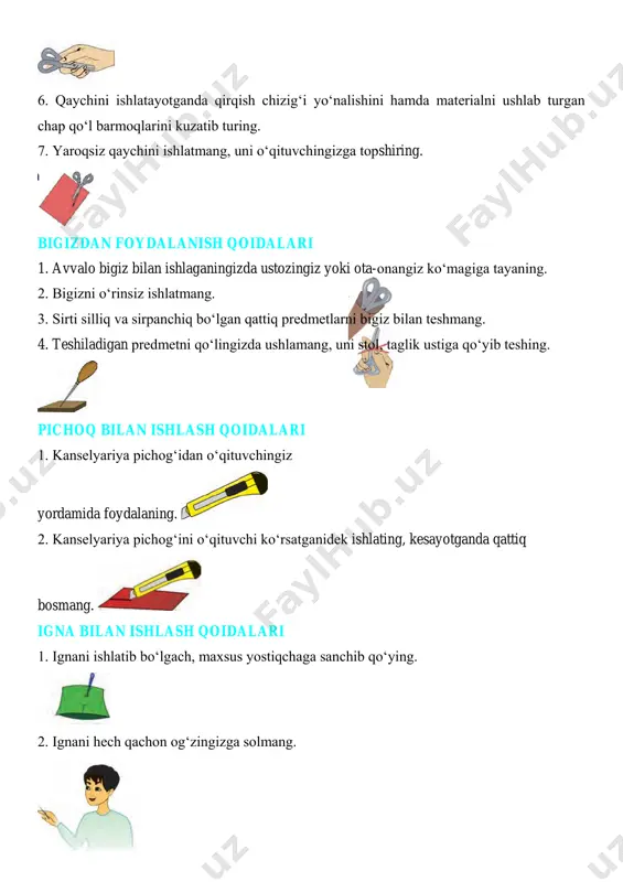 idalari 1. kanselyariya pichog‘idan o‘qituvchingiz yordamida foydalaning. 2. kanselyariya pichog‘ini o‘qituvchi ko‘rsatganidek ishlating, kesayotganda qattiq bosmang. igna bilan ishlash qoidalari 1. ignani ishlatib bo‘lgach, maxsus yostiqchaga sanchib qo‘ying. 2. ignani hech qachon og‘zingizga solmang. 3. ortiqcha ignalarni maxsus igna idishda saqlang. 4. ishdan oldin va ishdan keyin ignalarni sanab ko‘ring, yetishmagan ignalarni, albatta, toping. iv. darsni mustahkamlash; o`tilgan mavzuni mustahkamlash uchun,klaster usulida mehnat ta`limi darslarida kerak bo`ladigan ish qurollarini doskaga yozamiz. bunda oldindan tayyorlab qo`yilgan ko`rgazmadan foydalanamiz. o’quvchilarga quyidagi savollarni berib,ularni javoblari baholanadi. 1.qanday mehnat qurollarini bilasiz? 2.ulardan foydalanishda qanday tehnika xavfsizligi qoidalariga rioya qilish kerak? 3.qaychidan foydalanishda tehnika xavfsizligi qoidalari qanday? 4.ninadan foydalanishda tehnika xavfsizligi qoidalari qanday? 5.yelimdan foydalanishda tehnika havfsizligi qoidalari qanday? o`quvchilarning olgan baholari kundaliklariga va daftarlariga qo`yiladi. v.baholash darsda faol qatnashgan o’qucilar baholanadi vi.dars yakuni: uyga vazifa: mehnat qorollarini rasmini chizish. sana: _____________ texnologiya 2-sinf mavzu: urug‘lardan kuzgi gullar shaklini yasash. maqsad: ta’limiy: urug’lardan qo’qongul yasash …