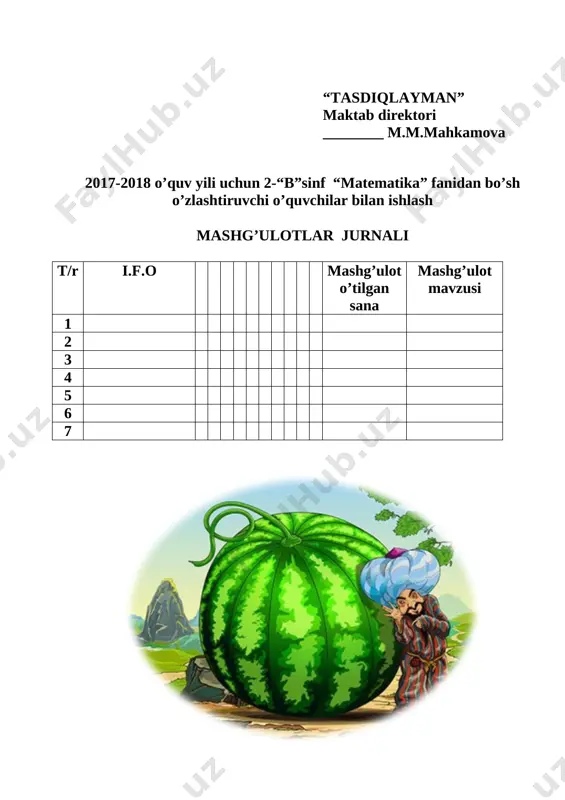 1 771 – 772-masala va misollar 12 o‘tilganlarni mustahkamlash. o‘rganilgan turdagi masalalar yechish 1 783 – masala va 784 – misollar 13 geometrik mazmnudagi bo‘lgan masala va tenglamalar. 1 793-misol 14 o‘rganilgan materialni mustahkamlash 1 takrorlash. 1-dars. o‘nli sanoq sistemasi haqida tushuncha darsning maqsadi: ta’limiy: o‘nli sanoq sistemasi bilan tanishtirish, xona birliklari haqida ma’lumot berish. tk1: so‘z va gaplarni bog‘lagan holda o‘z fikrini aniq va ravshan ifodalay olish; tk2: diagrammalar, jadvallar, chizmalar ko‘rinishida berilgan statistik ma’lumotlarga asoslanib, turli ob’yekt va hodisalarni taqqoslay olish; fk1: o‘rganilgan matematik tushunchalarni qabul qila olish, mavzuga doir tegishli misollar keltira olish. tarbiyaviy: hayvonlarga ongli munosabatda bo‘lishga o‘rgatish, dars davomida misol va masalalar yechish jarayonida mustaqil fikrlash qobiliyatlarini tarbiyalash. tk4: atrofdagilar bilan o‘zaro muloqot chog‘ida odob-axloq qoidalariga rioya qilish va guruhda ishlash; tk5: zaminimizda yashab o‘tgan buyuk allomalarimizning matematikaga qo‘shgan hissalarini tasvirlab berish; rivojlantiruvchi: matematik bilim doiralarini kengaytirish, misol va masala yechish malakalarini rivojlantirish. fk2: o‘qituvchi …