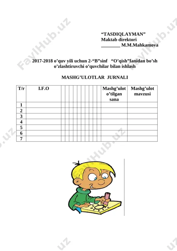 lish va qayta hikoya qilish 12 onam. (umarali qurbonov) 1 o’qib kelish va qayta hikoya qilish 13 uch o'rtoq (ertak). 1 o’qib kelish va qayta hikoya qilish 14 yershunos bo‘laman. (qambar ota) 1 o’qib kelish va qayta hikoya qilish 15 yoz keldi. (qambar ota) 1 o’qib kelish va qayta hikoya qilish 1-dars mavzu: ma'naviyatli xalqni yengib bo'lmaydi. (rivoyat). mavzuga oid tayanch tushunchalar: vatan, xalq, ma’naviyat. soatlar soni: 1 soat mavzuning qisqacha ta’rifi: o'quvchilarni ertak mazmuni bilan tanishtirish. mehnatsevarlikka, tirishqoq bo’lishga, ilmga intilishga o’rgatish. o’quv jarayonini amalga oshirish texnologiyasi: metod: izohli o'qish, ifodali o'qish, mashq, namoyish qilish, munozara. shakl: jamoa, guruh bilan ishlash. jihoz: ertak mazmuniga mos rasm. nazorat: o’quvchilarning darsda faolligi kuzatilib,hisobga olib boriladi. baholash: o’quvchilar bilimi reyting mezonlari asosida baholanib,dars oxirida e’lon qilinadi. darsning maqsadi maqsadlar: ta'limiy: o'quvchilaming to'g'ri, ifodali va ravon o'qish ko'nikmalarini takomillashtirish, nasriy asarlar mazmunini tushunish va tahlil qila bilishga o'rgatish. tarbiyaviy: o'quvchilarga mehnatsevarlikka, tirishqoq bo’lishga, …