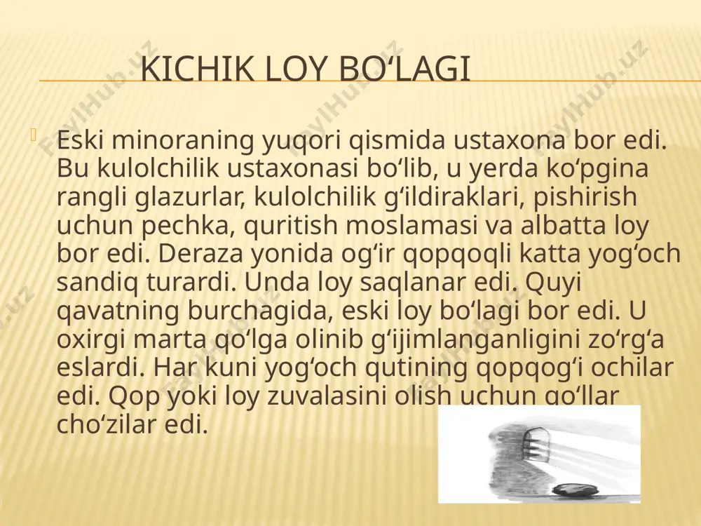 a yoqqan rangga bo‘yashing mumkin bo‘ladi”. ko‘p o‘tmay, kichkina chashka yangi uyga ko‘chib o‘tishga tayyor edi. endi oshxonadagi tokchada boshqa stakan, likopcha va krujkalar yonida yashamoqda. ularning barchasi xilma xil, ba’zilari judayam chiroyli. “nonushtaga!” - deya chaqirdi onasi, stolga yangi chashkani qo‘yib, ichiga issiq shokolad quyarkan. qizaloq uni ehtiyotkorlik bilan ushladi. loy bo‘lagi yangi shaklining silliq chiziqlarini his qilib, o‘zini naqadar baxtli his etdi. u o‘z ishini naqadar yaxshi bajardi! kichkina chashka mag‘rur turardi. “va nihoyat, nihoyat, men qandaydir ahamiyatga egaman”. savollar 1. quyidagi gaplarni hikoyada sodir bo‘lgan voqelik ketma-ketligida raqamlab chiqing. 1-raqam siz uchun qo‘yilgan __ maqsad: badiiy o‘qish savodxonligi tajribasini orttirish faoliyat: aniq shaklda berilgan ma’lumotni topish _____yomg‘ir loy bo‘lagini nam va yumshoq holatga keltirdi. ____ bolakay loy bo‘lagini guldonga aylantirmoqchi bo‘ldi. ___ qizcha loy bo‘lagidan chashka yasadi. ___ loy bo‘lagi qurib qoldi. 1 loy bo‘lagi yog‘och qutida yotgan edi. ___ gaplarning to‘gri tartibi 4 yomg‘ir loy bo‘lagini …