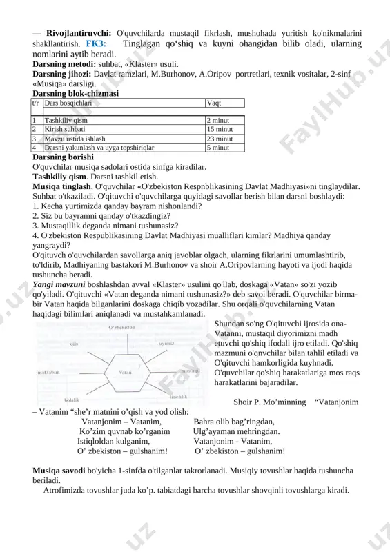 iga mos raqs harakatlarini bajaradilar. shoir p. mo’minning “vatanjonim – vatanim “she’r matnini o’qish va yod olish: vatanjonim – vatanim, bahra olib bag’ringdan, ko’zim quvnab ko’rganim ulg’ayaman mehringdan. istiqloldan kulganim, vatanjonim - vatanim, o’ zbekiston – gulshanim! o’ zbekiston – gulshanim! musiqa savodi bo'yicha 1-sinfda o'tilganlar takrorlanadi. musiqiy tovushlar haqida tushuncha beriladi. atrofimizda tovushlar juda ko’p. tabiatdagi barcha tovushlar shovqinli tovushlarga kiradi. [image: ] [image: ] [image: ] qo’shiq kuylashda va cholg’u sozlarini chalishda yangraydigan tovushlar musiqiy tovushlar deyiladi uyga vazifa. «vatanimni madh etaman» mavzusida rasm chizib kelish. 2-dars. musiqa bizning hayotimizda vatanjonim- vatanim p.mo’min she’ri, d. omonullayeva musiqasi darsning maqsadi: ta’limiy: o'quvchilarda musiqiy qobiliyatlarni rivojlantirish. t.k.1 o‘z fikrini og‘zaki bayon qila olish, mavzudan kelib chiqib savollarga to‘g‘ri javob berish. — tarbiyaviy: o'quvchilarda musiqiy va shovqinli tovushlarni qiyoslash asosida xulosalar chiqarish ko'nikmasini shakllantirish. tk5: orasta kiyinish, do‘stlariga, yaqinlari va atrofdagilarga mehribon bo‘lish, san’at asarlarini tushunish, insonlarga mehr-oqibatli bo‘lish. — rivojlantiruvchi: …