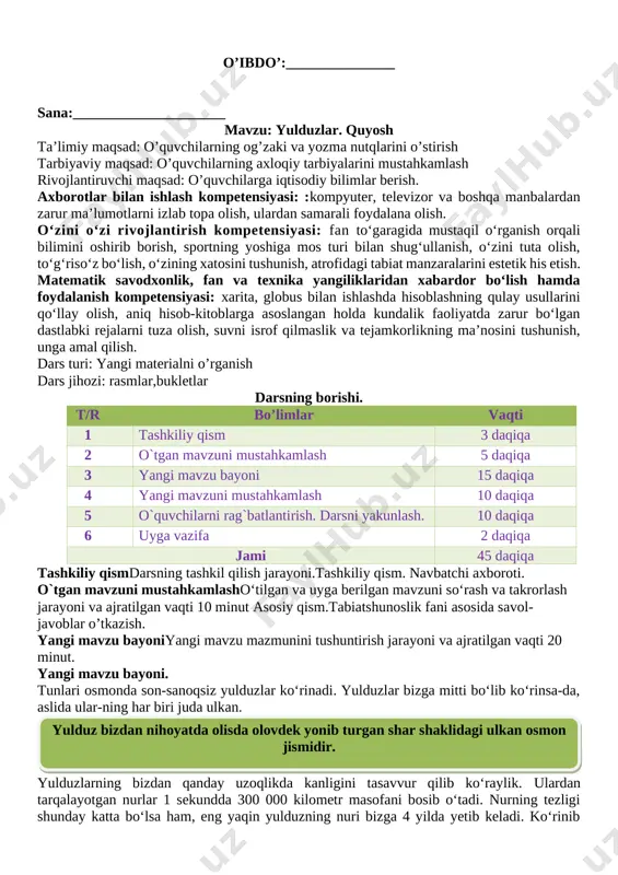 darslarida avval koinot bilan, so‘ngra o‘lkamizdagi daryo va ko‘llar, o‘rmonlar, cho‘llar, adirlar, tog‘lar tabiati bilan tanishasiz. mamla-katimiz tabiati xilma-xilligini bilib olganingizdan keyin vatanimiz bo‘ylab sayohat qilasiz. bunda toshkent shahri, har bir viloyat va qoraqalpog‘iston respubli-kasi tabiatini alohida o‘rganasiz. 1. yoz fasli boshqa fasllardan nimasi bilan farq qiladi? 2. yozda dala va bog‘larda qanday o‘zgarishlar bo‘ladi? 3. uy hayvonlari qayerda boqiladi? ular insonlarga qanday foyda keltiradi? 4. 2-rasmda qanday jonivorlar tasvirlangan? 5. o‘lkamizning go‘zal tabiati haqida gapirib bering o`quvchilarni rag`batlantirish. darsni yakunlash.. darsga yakun yasash, baholash metodlari va ajratilgan vaqti 5 minut uyga vazifauyga vazifa berish va ajratilgan vaqti 4 minut. mavzuni o’qib kelish. o’ibdo’:_______________ sana:_____________________ mavzu: yulduzlar. quyosh ta’limiy maqsad: o’quvchilarning og’zaki va yozma nutqlarini o’stirish tarbiyaviy maqsad: o’quvchilarning axloqiy tarbiyalarini mustahkamlash rivojlantiruvchi maqsad: o’quvchilarga iqtisodiy bilimlar berish. axborotlar bilan ishlash kompetensiyasi: :kompyuter, televizor va boshqa manbalardan zarur ma’lumotlarni izlab topa olish, ulardan samarali foydalana olish. o‘zini o‘zi rivojlantirish kompetensiyasi: …