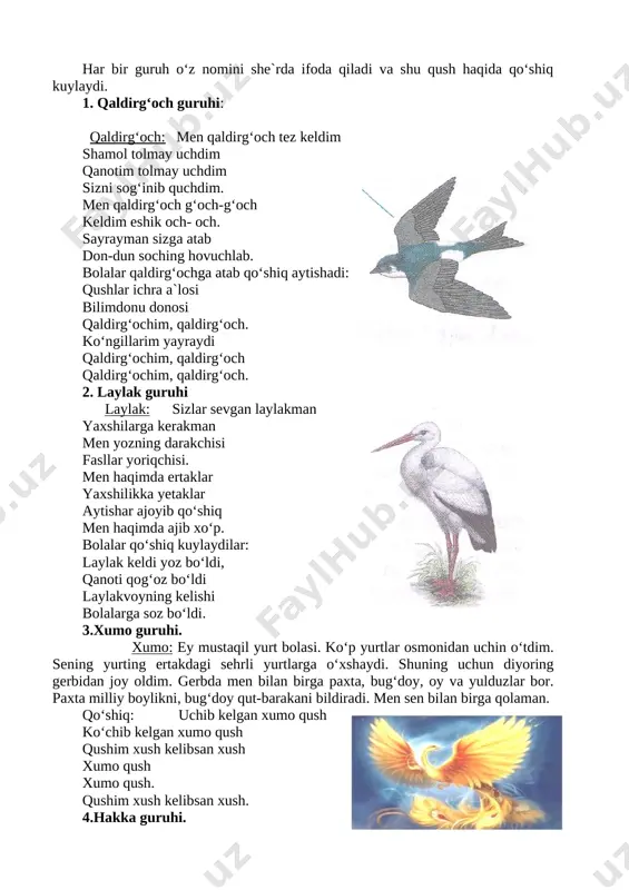 yayraydi qaldirg‘ochim, qaldirg‘och qaldirg‘ochim, qaldirg‘och. 2. laylak guruhi laylak: sizlar sevgan laylakman [image: _img_0006]yaxshilarga kerakman men yozning darakchisi fasllar yoriqchisi. men haqimda ertaklar yaxshilikka yetaklar aytishar ajoyib qo‘shiq men haqimda ajib xo‘p. bolalar qo‘shiq kuylaydilar: laylak keldi yoz bo‘ldi, qanoti qog‘oz bo‘ldi laylakvoyning kelishi bolalarga soz bo‘ldi. 3.xumo guruhi. [image: 16] xumo: ey mustaqil yurt bolasi. ko‘p yurtlar osmonidan uchin o‘tdim. sening yurting ertakdagi sehrli yurtlarga o‘xshaydi. shuning uchun diyoring gerbidan joy oldim. gerbda men bilan birga paxta, bug‘doy, oy va yulduzlar bor. paxta milliy boylikni, bug‘doy qut-barakani bildiradi. men sen bilan birga qolaman. qo‘shiq: uchib kelgan xumo qush ko‘chib kelgan xumo qush qushim xush kelibsan xush xumo qush xumo qush. qushim xush kelibsan xush. 4.hakka guruhi. hakka: men hakkaman, hakkaman [image: _img_0007] nafsimchi hakkalagan kasbi korim o‘g‘rilik men uchun bu to‘g‘rilik iqbolimga, baxtimga, yaxshiyamki, qishloq bor. sora xolam pishirgan savatchada pishloq bor. o‘quvchilar qo‘shiq kuylaydilar: ola qanot hakkalar shoxdan-shoxga …